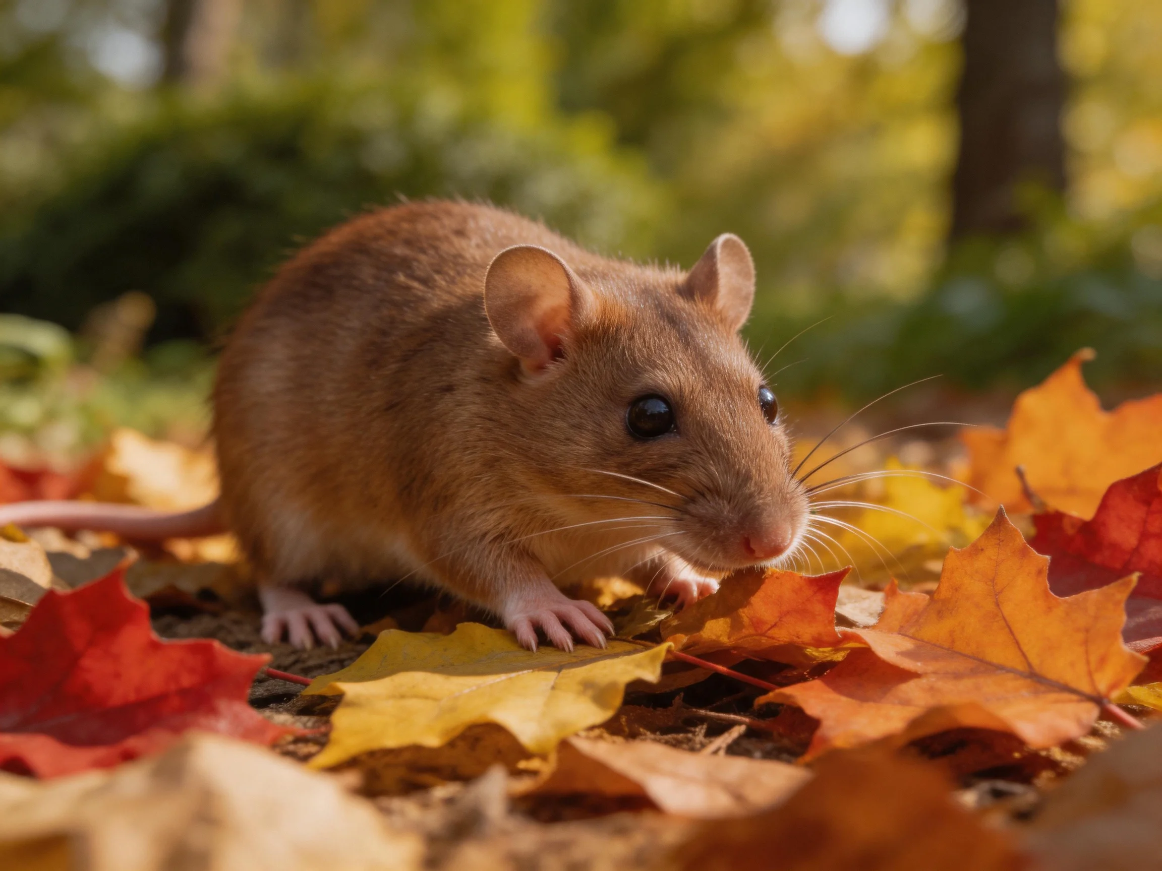 A small brown mouse explores vibrant autumn leaves scattered on the ground