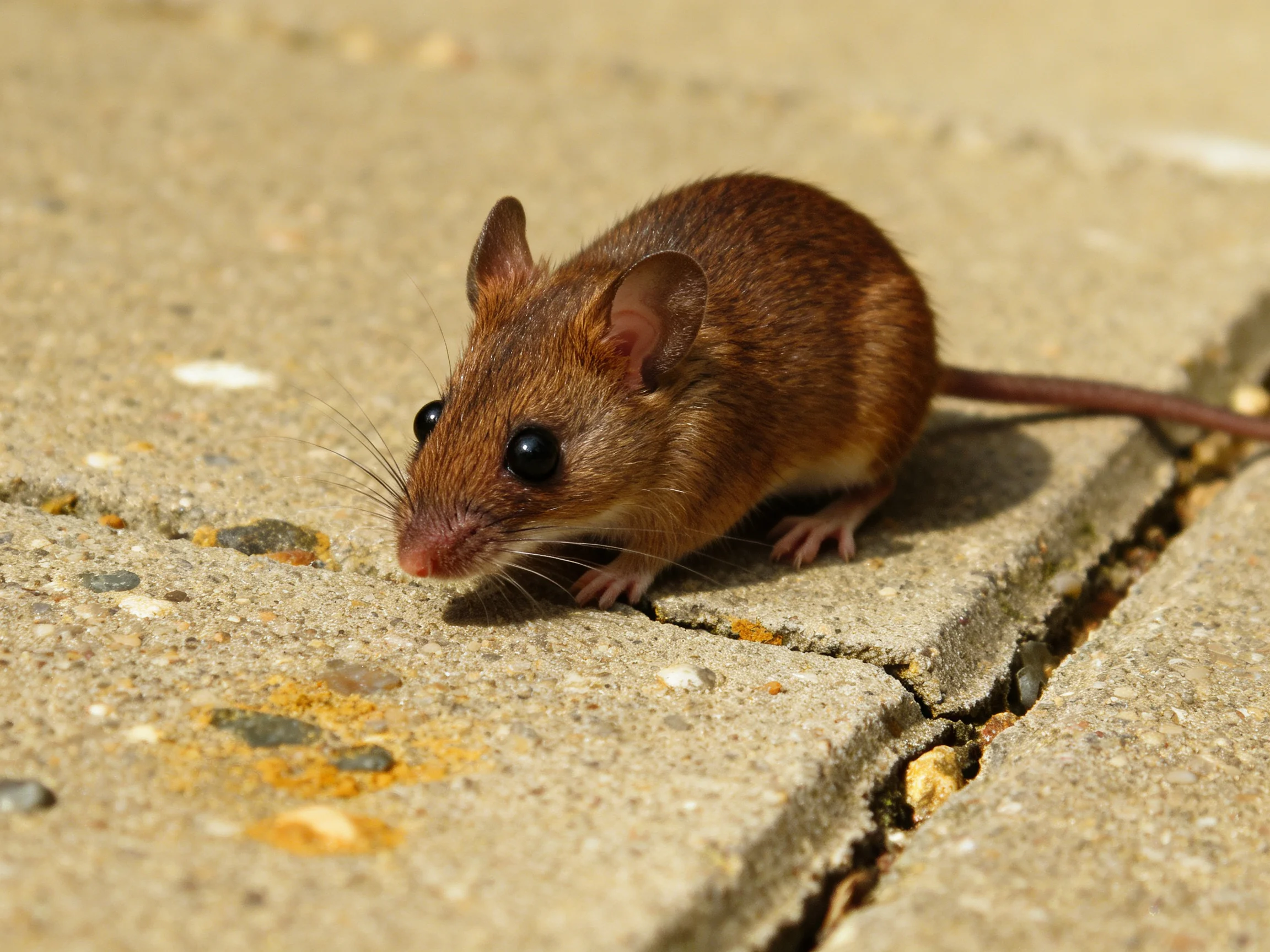 A small brown mouse exploring a cracked concrete pavement