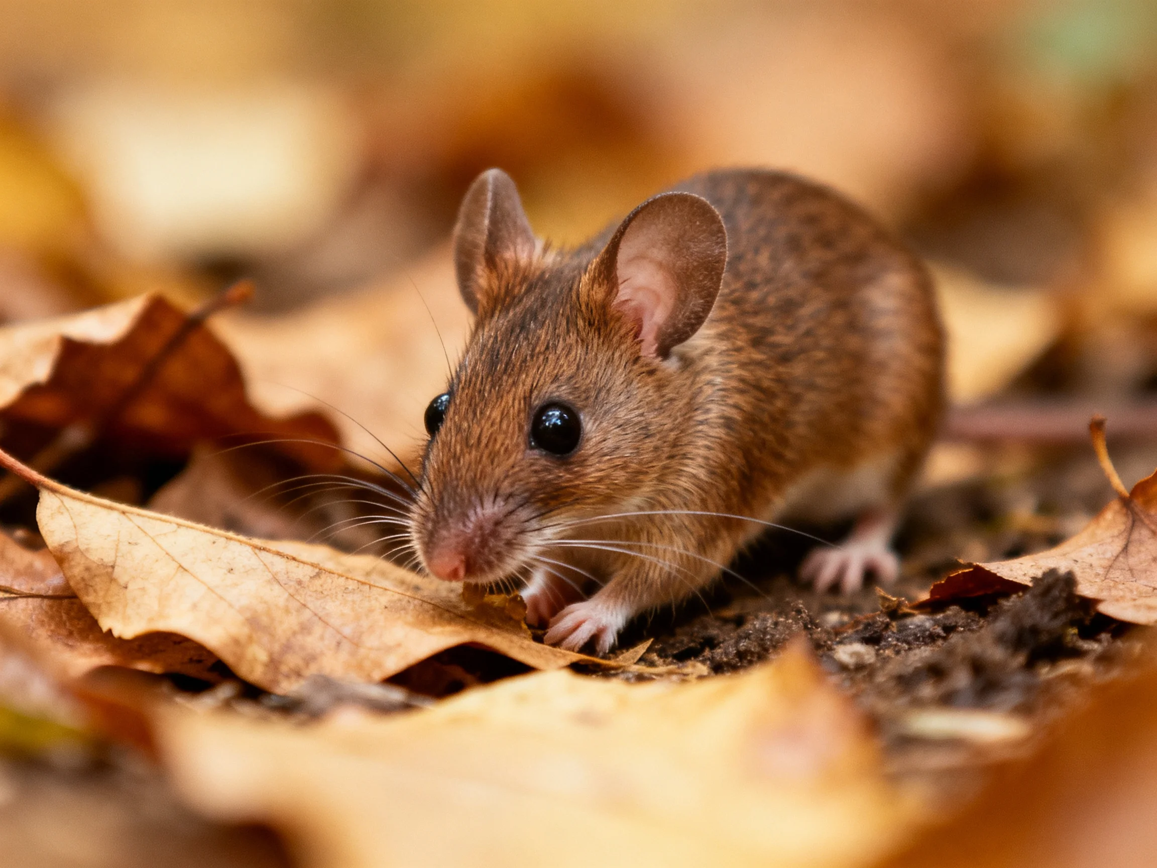 A small brown mouse explores among autumn leaves in an outdoor area.