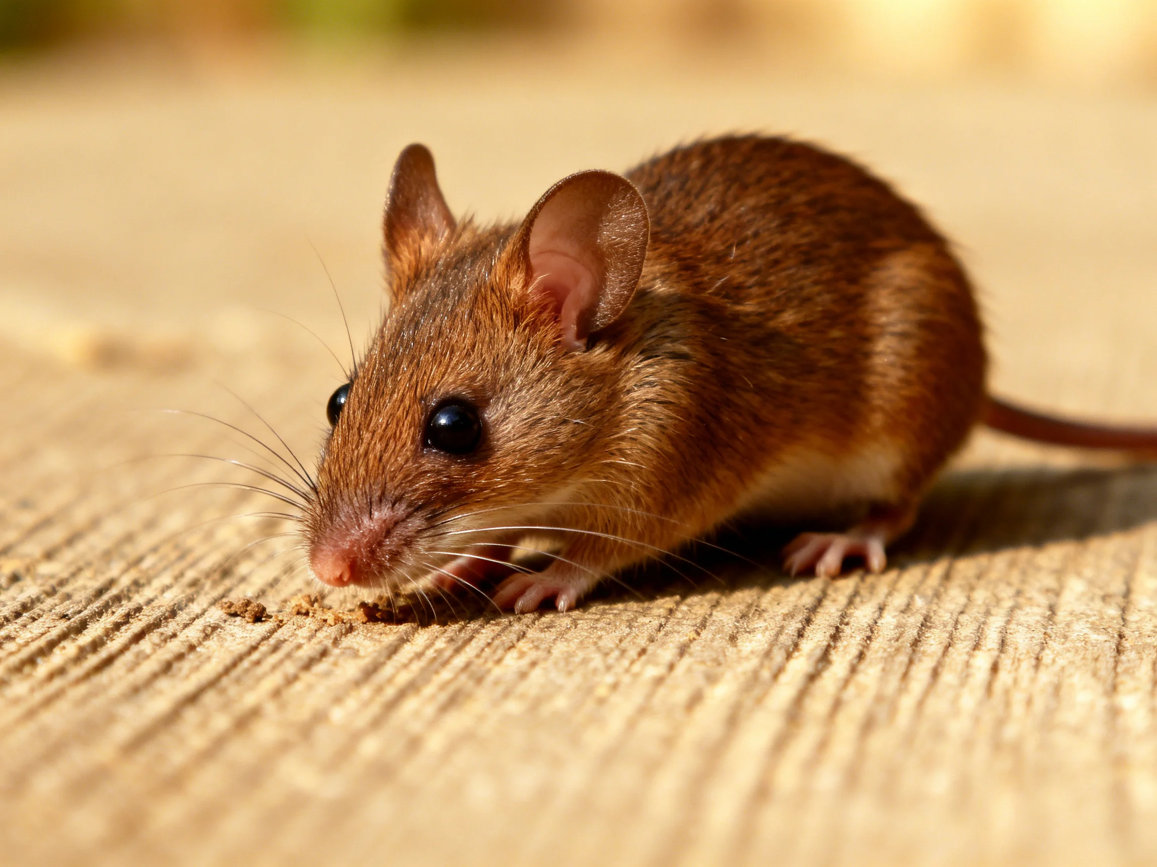 A small brown mouse forages on a textured wooden surface