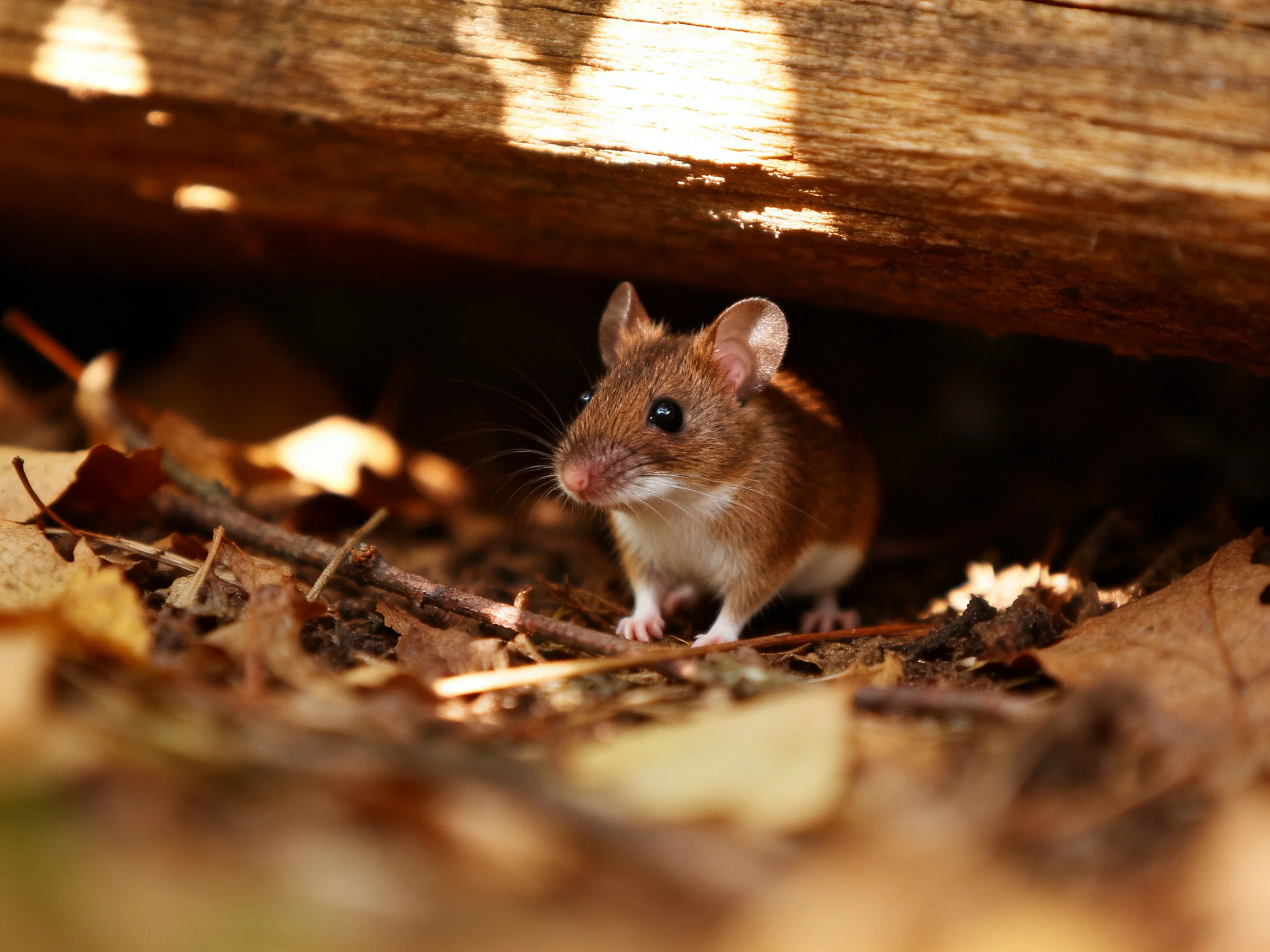 A small brown mouse hides under a wooden beam among autumn leaves