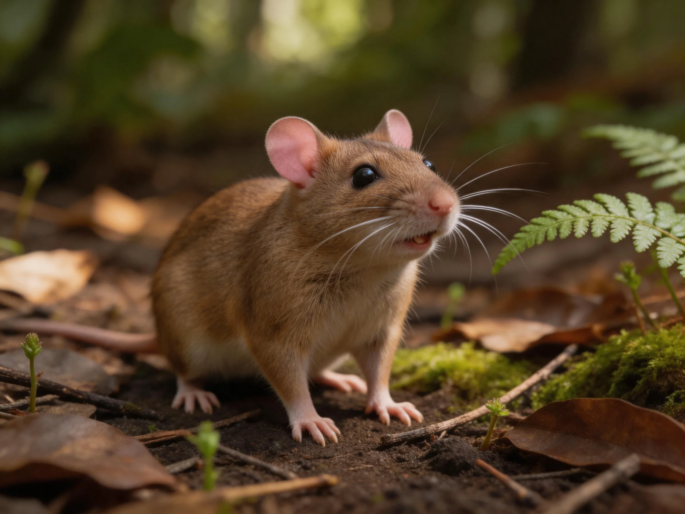 A small brown mouse in a forest floor with ferns and dry leaves