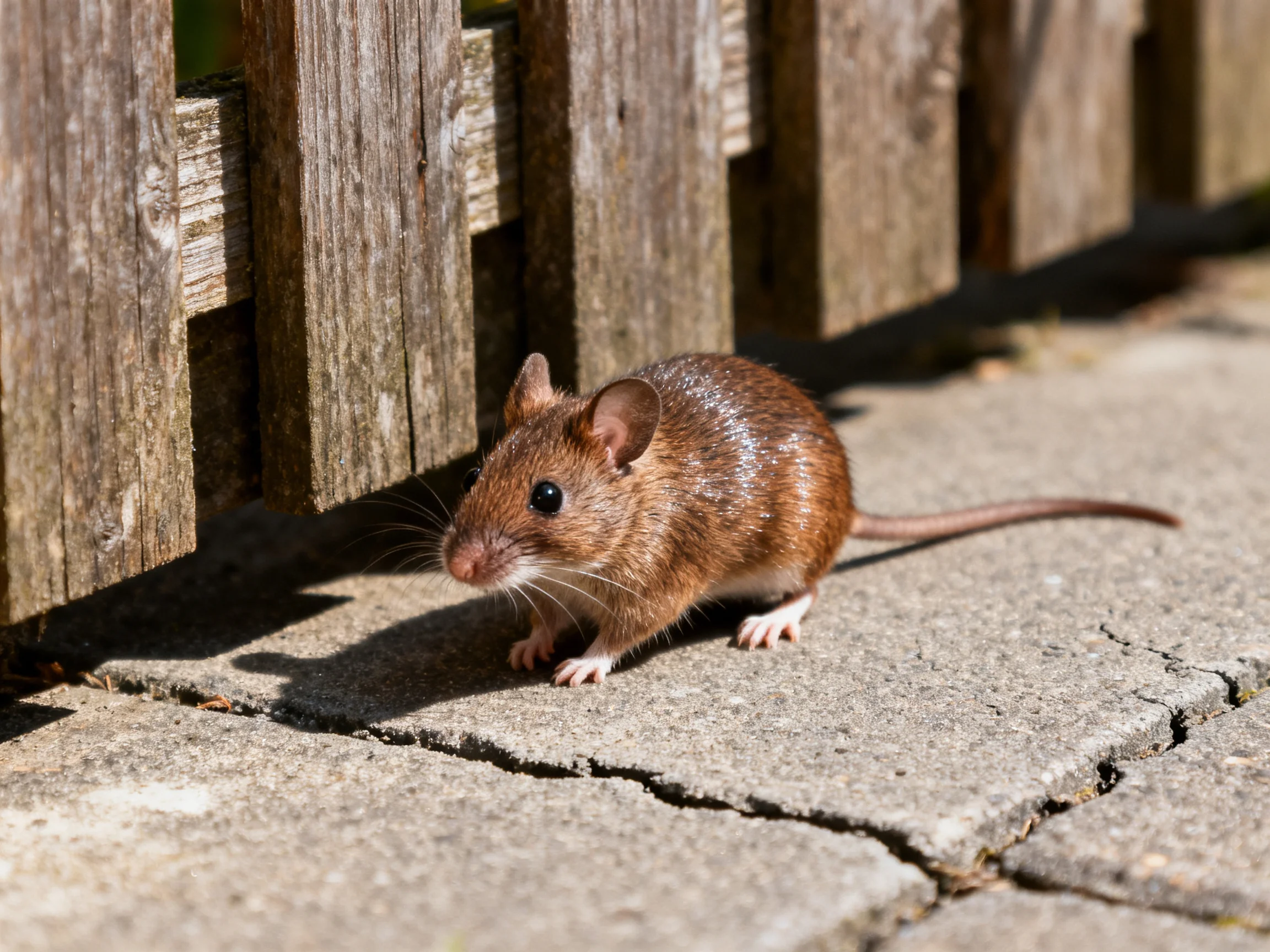 A small brown mouse near weathered wooden fence on concrete pavement