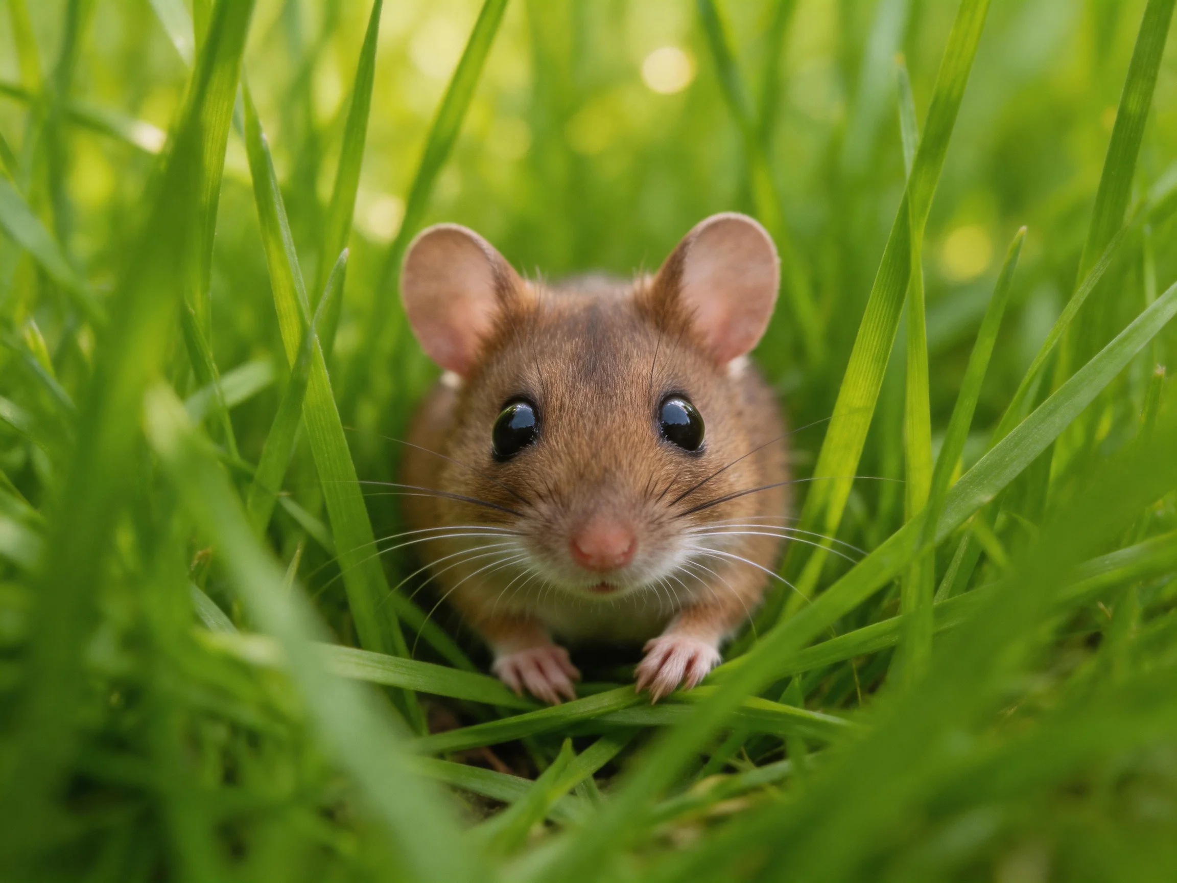 A brown mouse emerges from dense green grass.