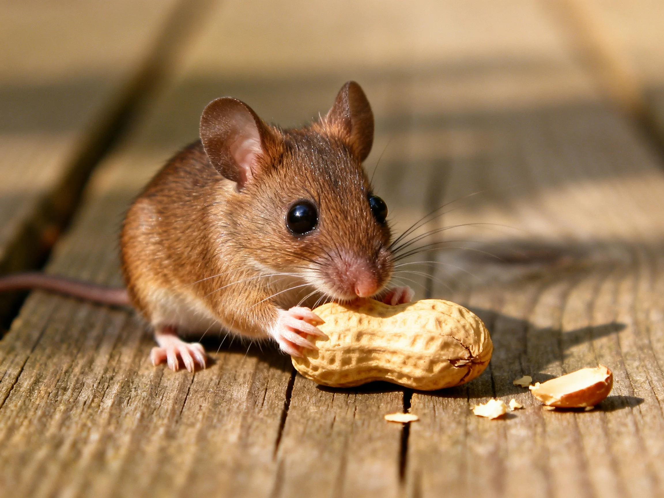 A small brown mouse nibbles a peanut on a wooden surface
