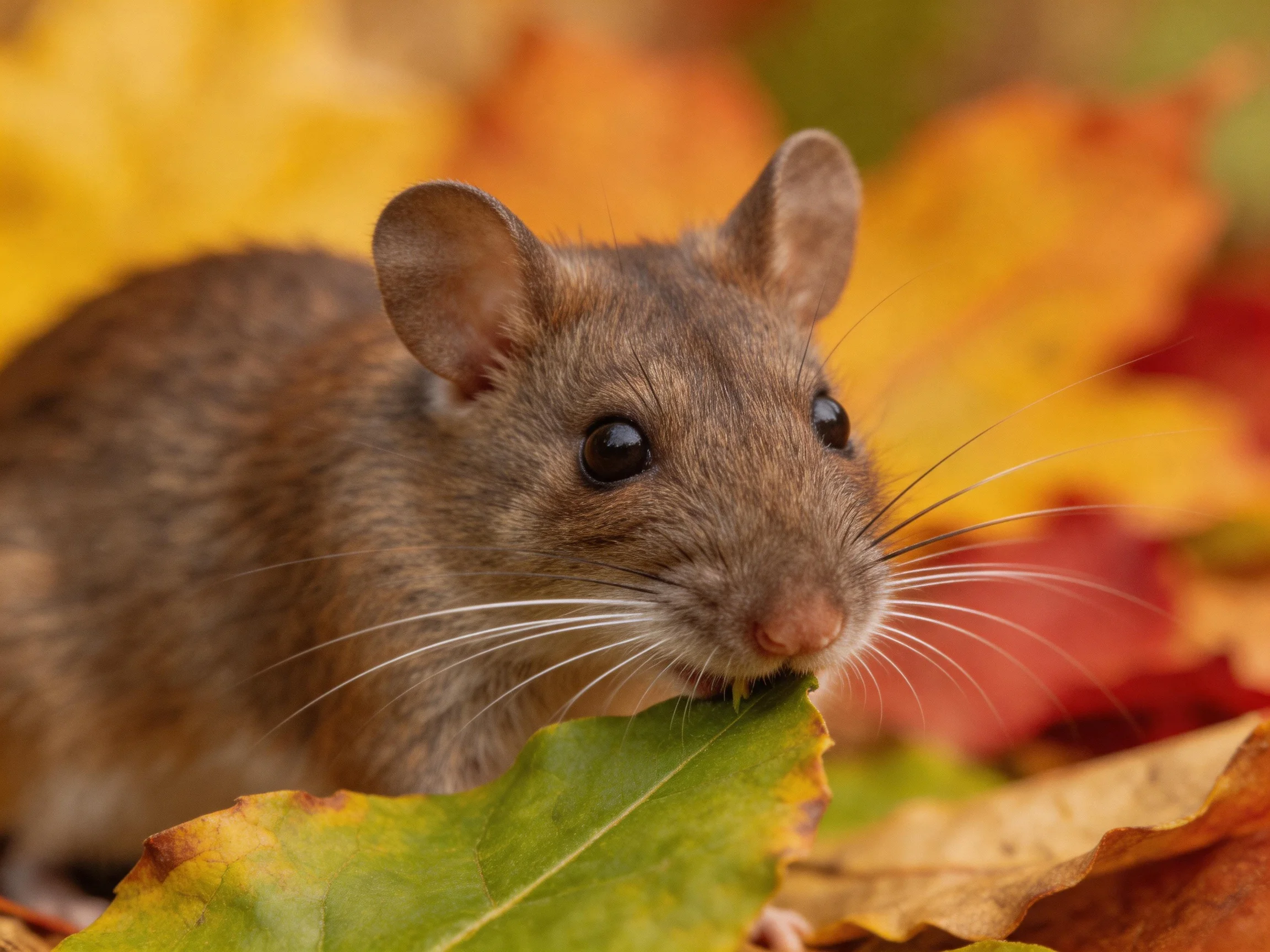 A small brown mouse nibbles vibrant autumn-colored leaves