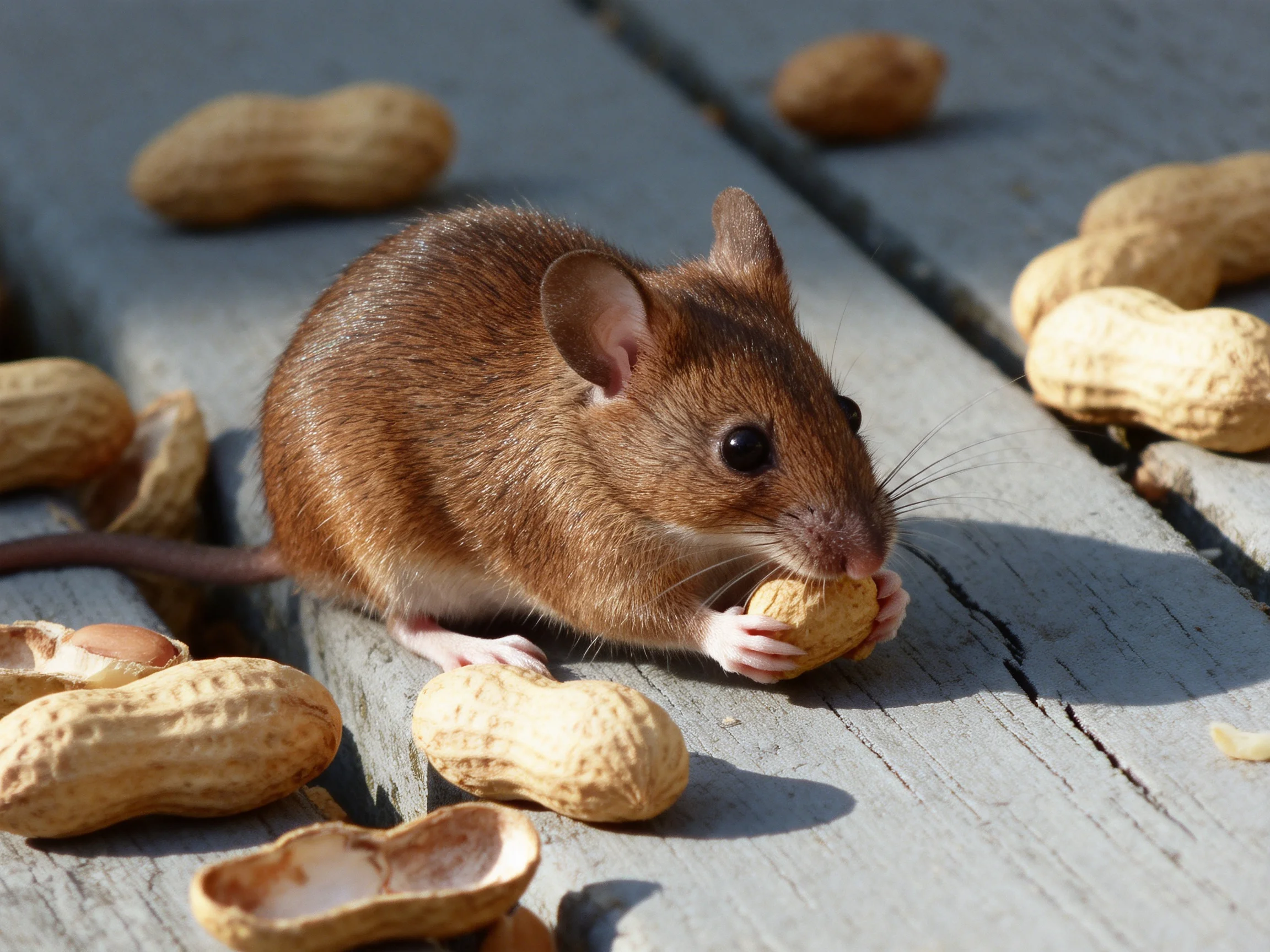 A small brown mouse eats peanuts on an aged wooden surface.