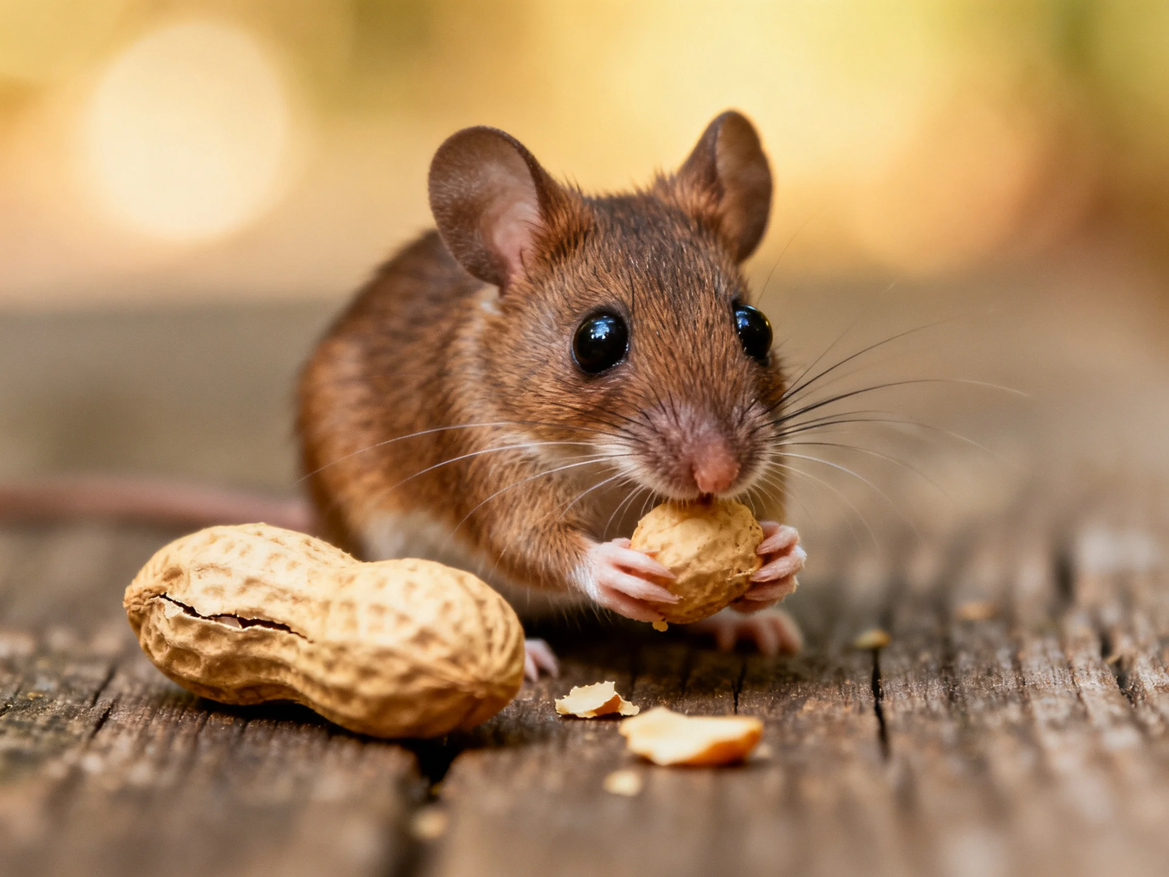 A small brown mouse nibbling peanuts on a wooden surface