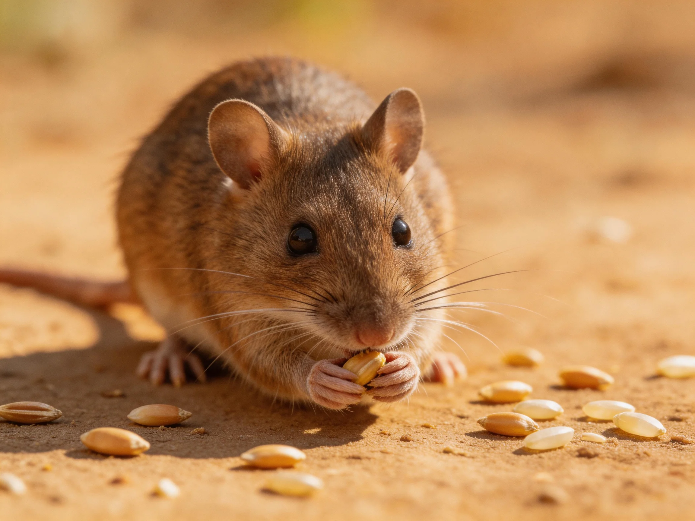 A small brown mouse nibbling seeds on sandy ground