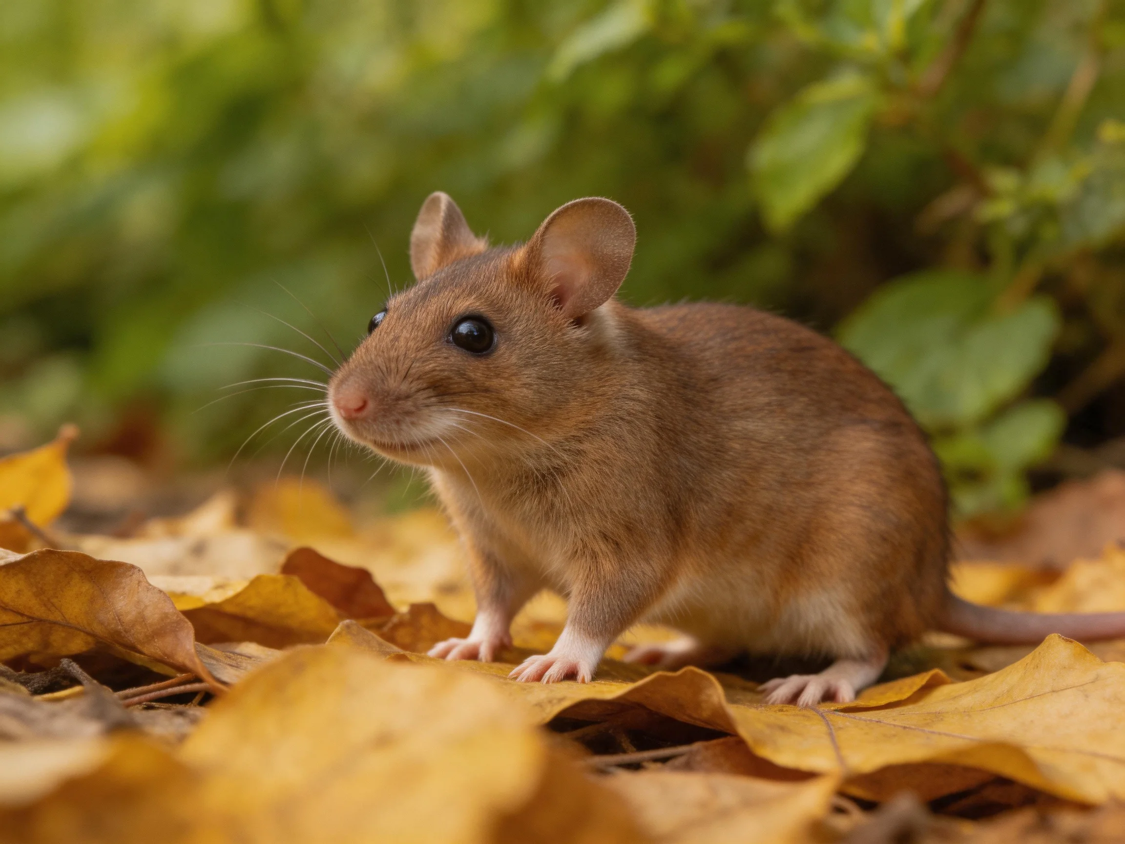 A small brown mouse stands on golden autumn leaves in a sunlit area with greenery.