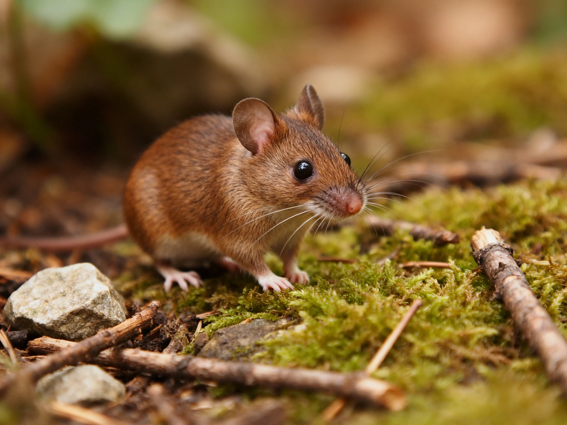 A small brown mouse on moss-covered forest floor with twigs and rocks