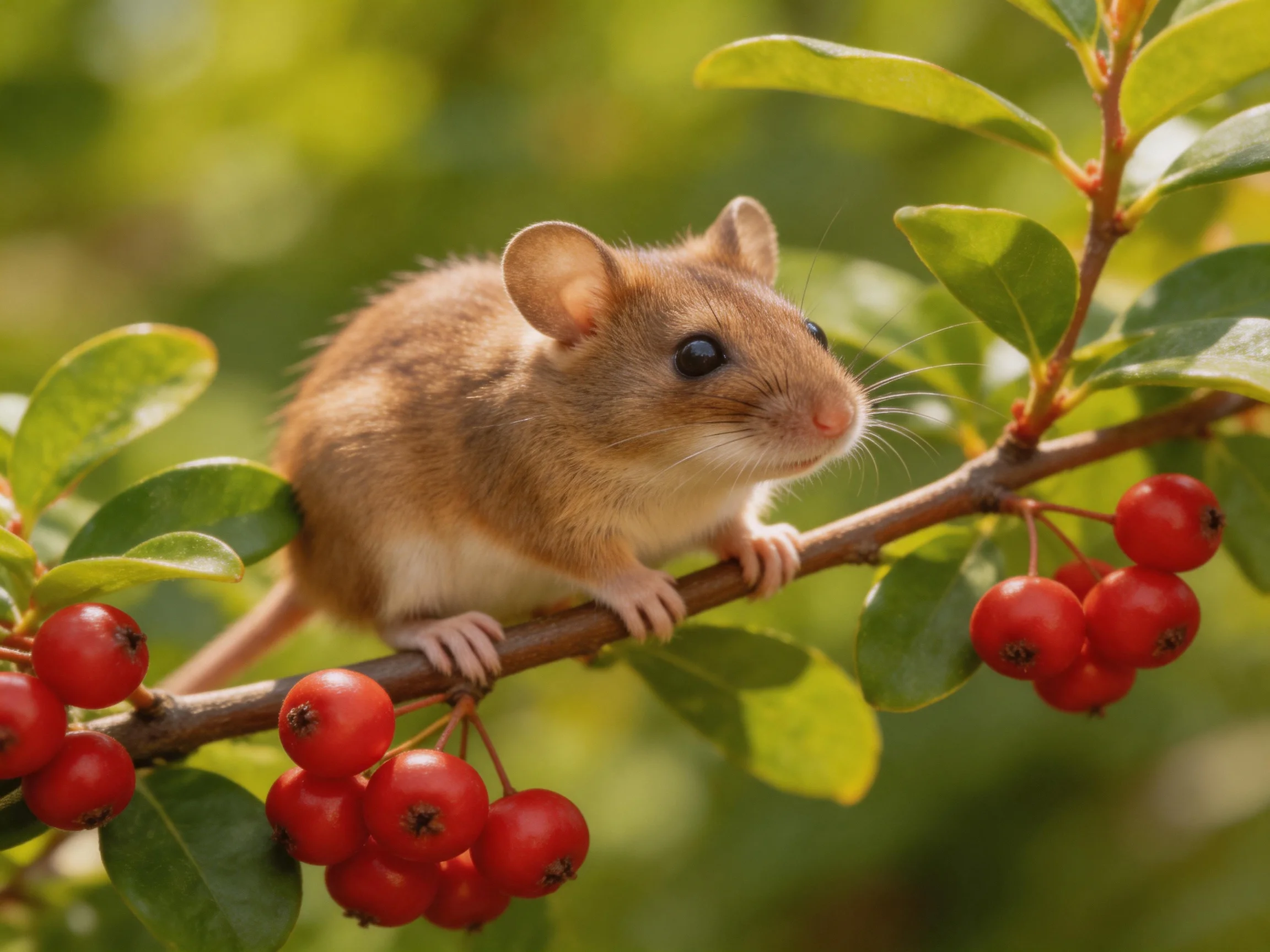 A small brown mouse perched on a branch with red berries