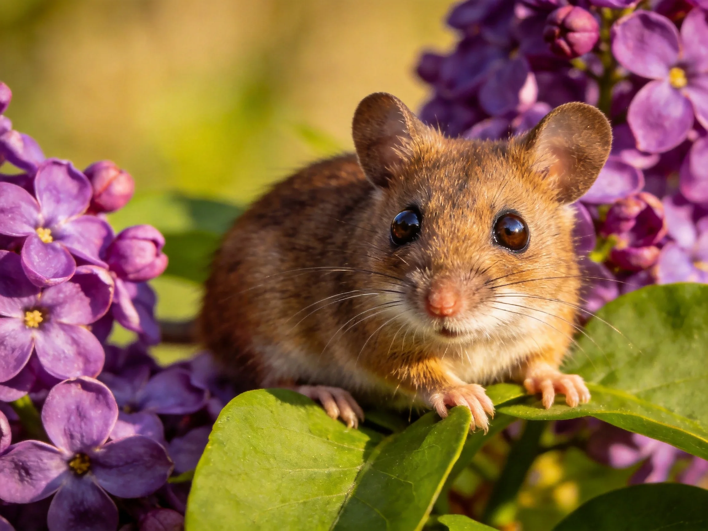 A small brown mouse resting among vibrant purple lilac blooms