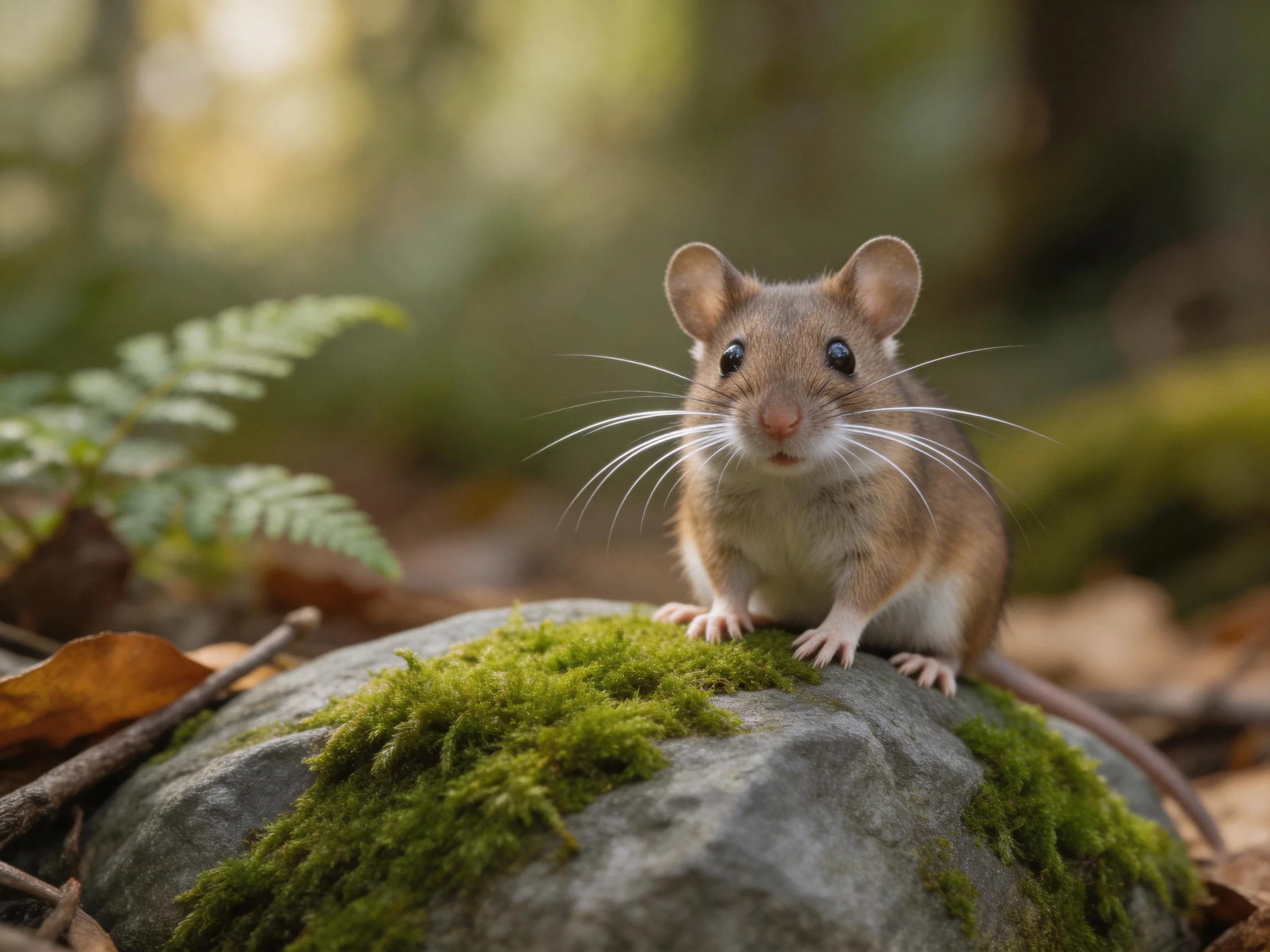 A small brown mouse sits atop a moss-covered stone in a forest