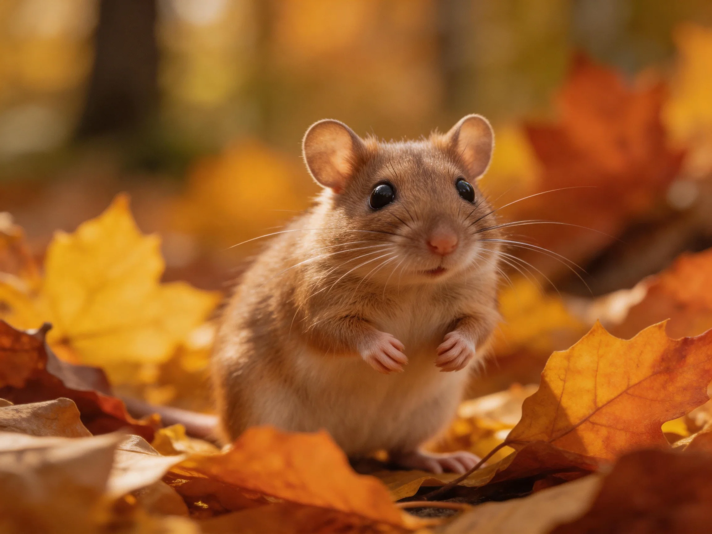 A small brown mouse stands amid golden autumn leaves