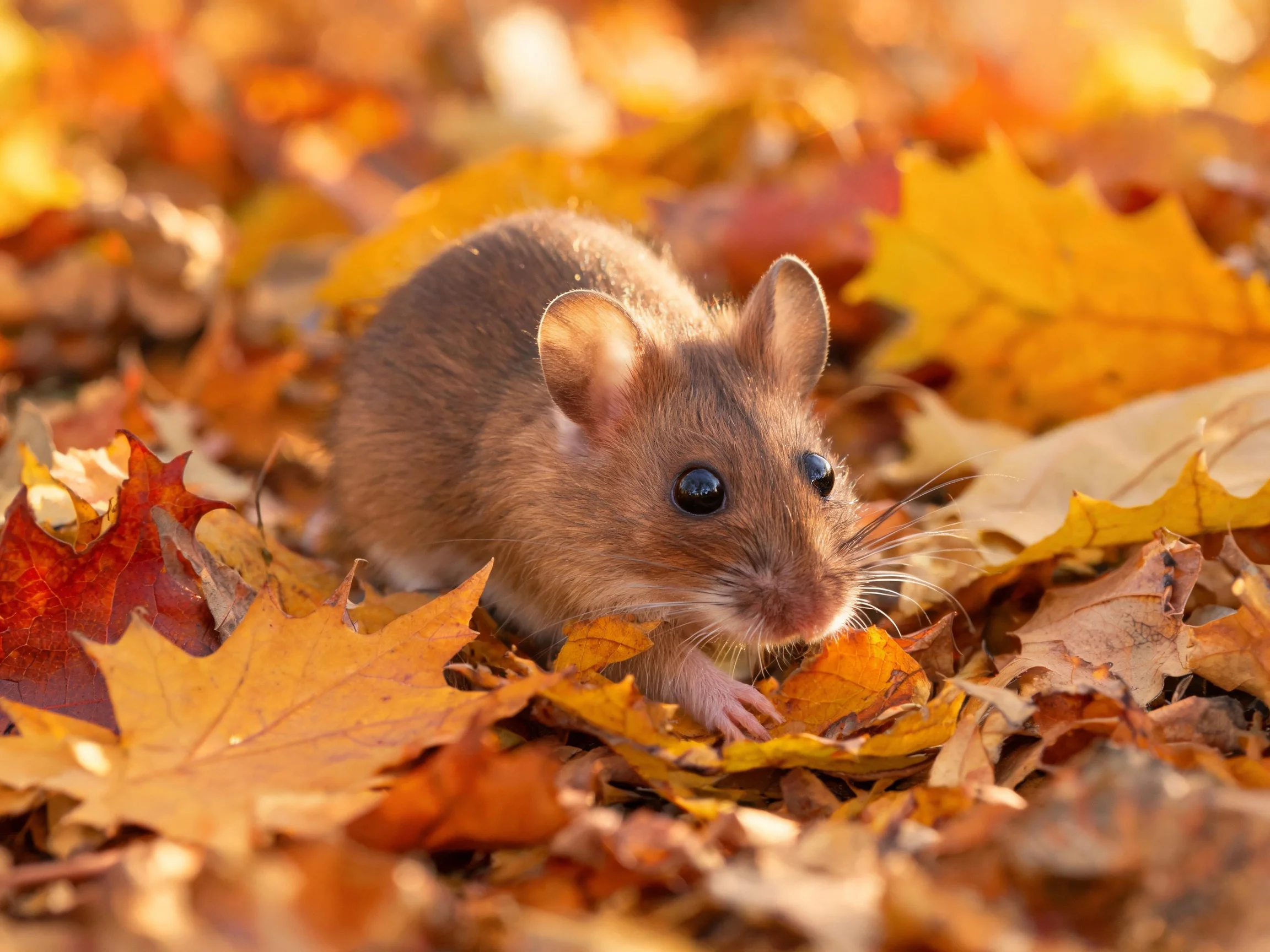A small brown mouse surrounded by colorful autumn leaves