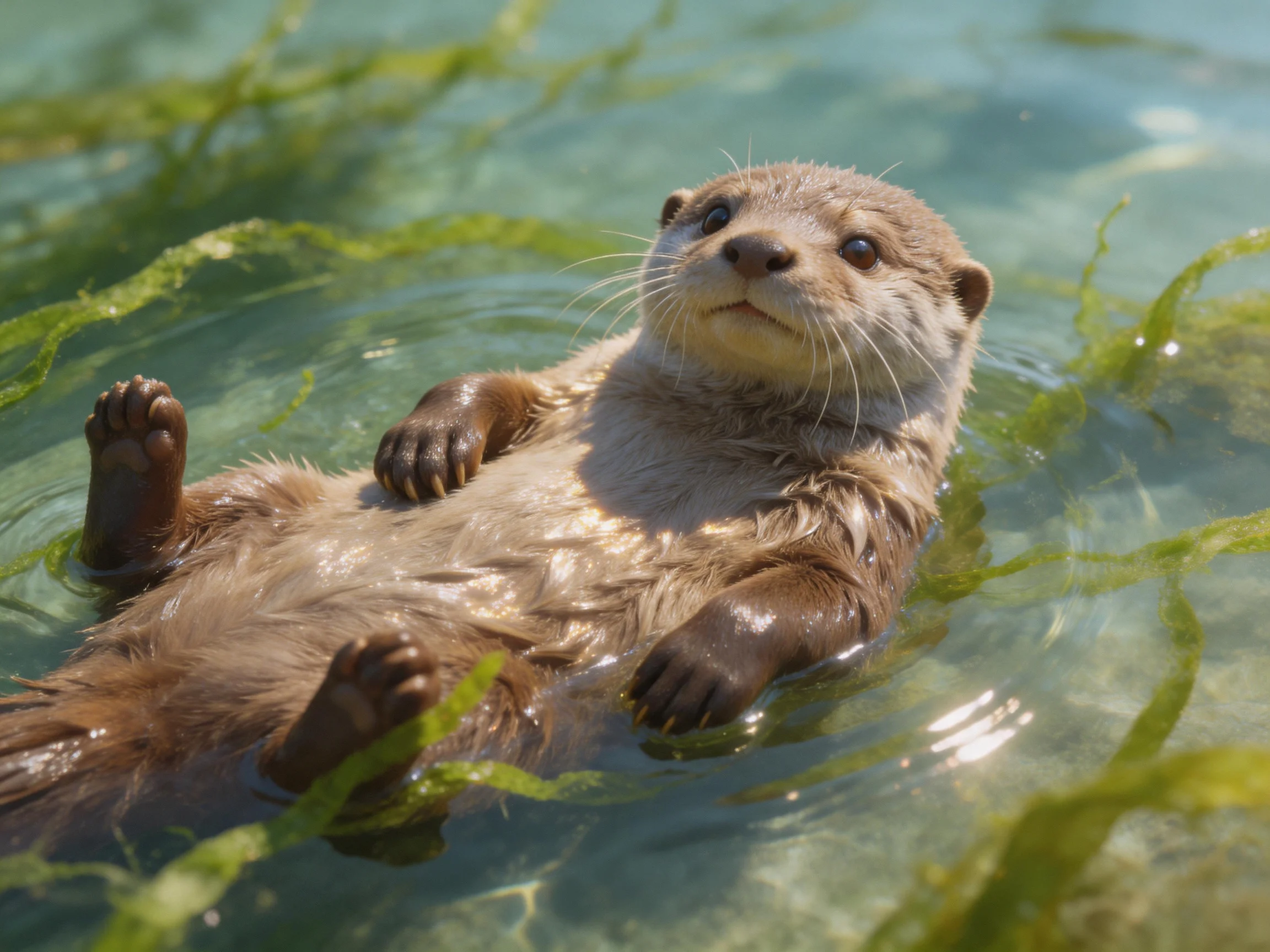 A small brown otter floats in clear turquoise water near green aquatic plants