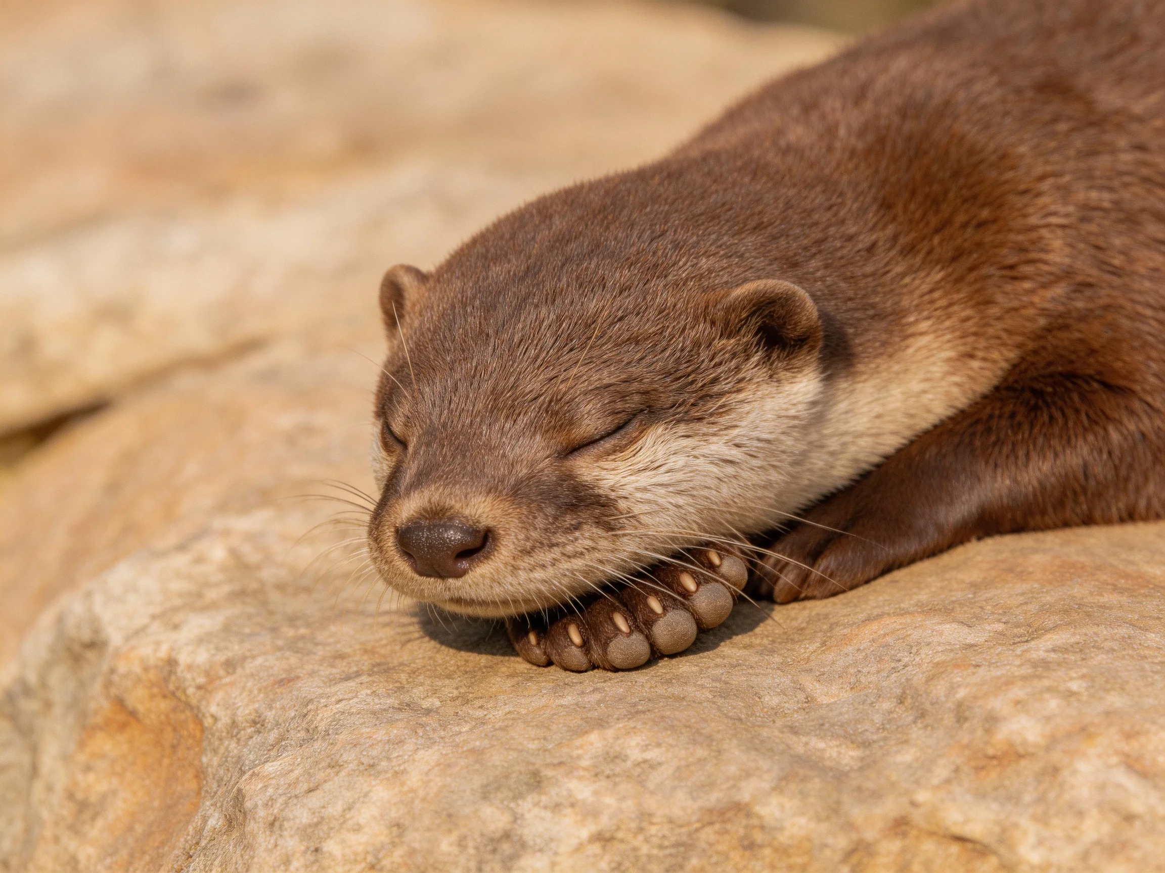 A small brown otter rests on textured rocks
