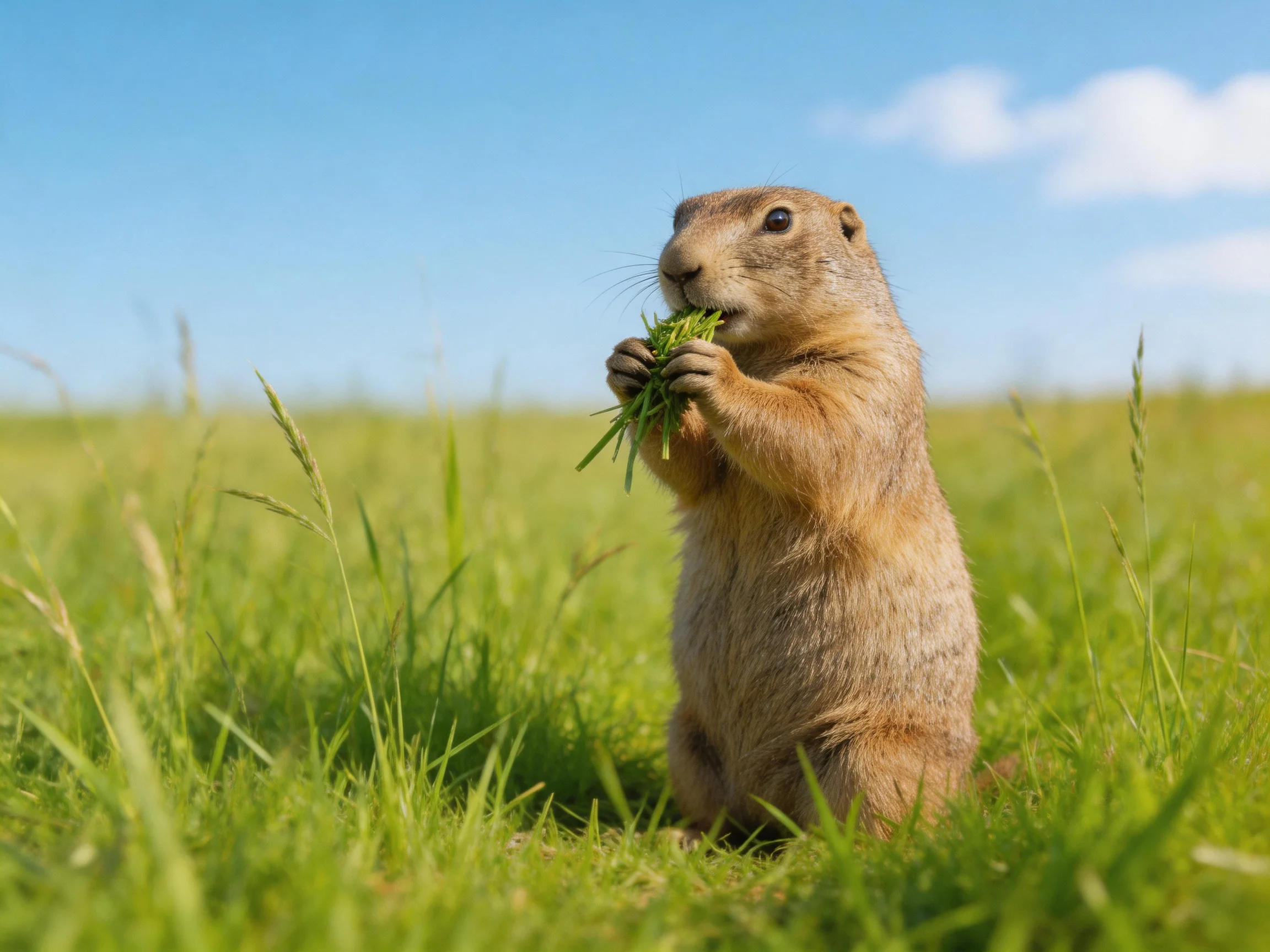 A small brown prairie dog eats grass in a lush green meadow