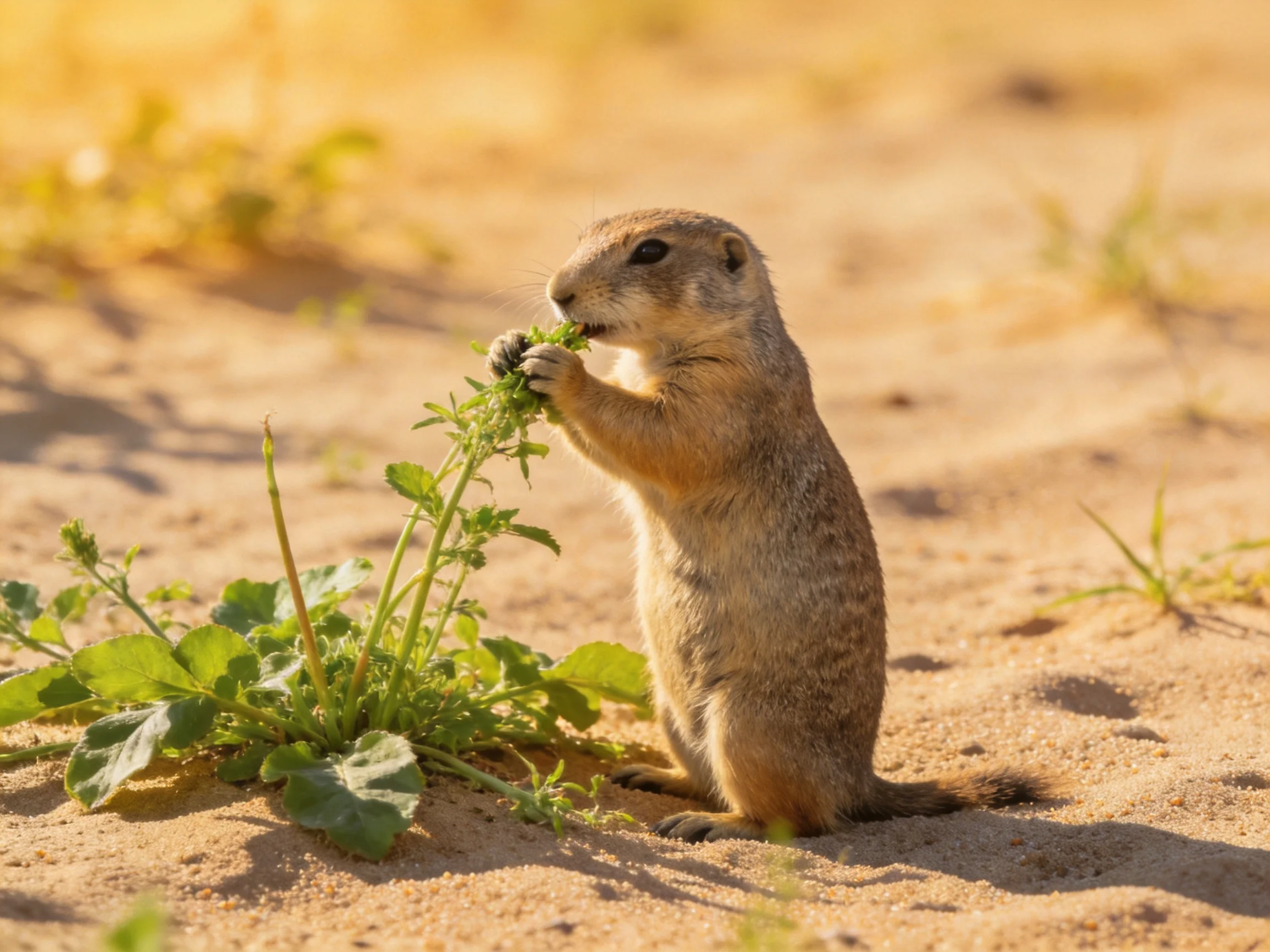 A small brown prairie dog feeds on greenery on sandy ground