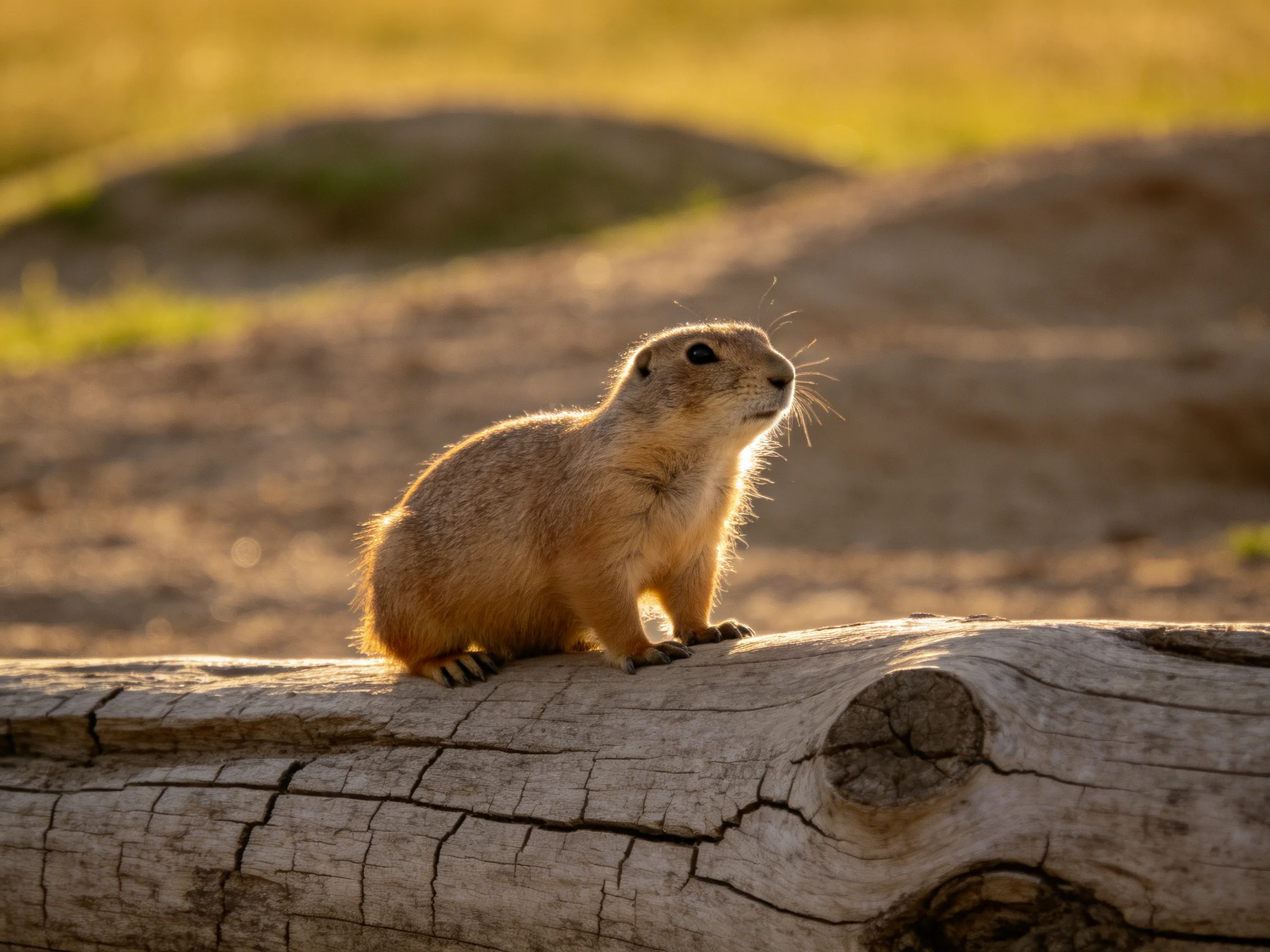 A small brown prairie dog perches on a weathered wooden log