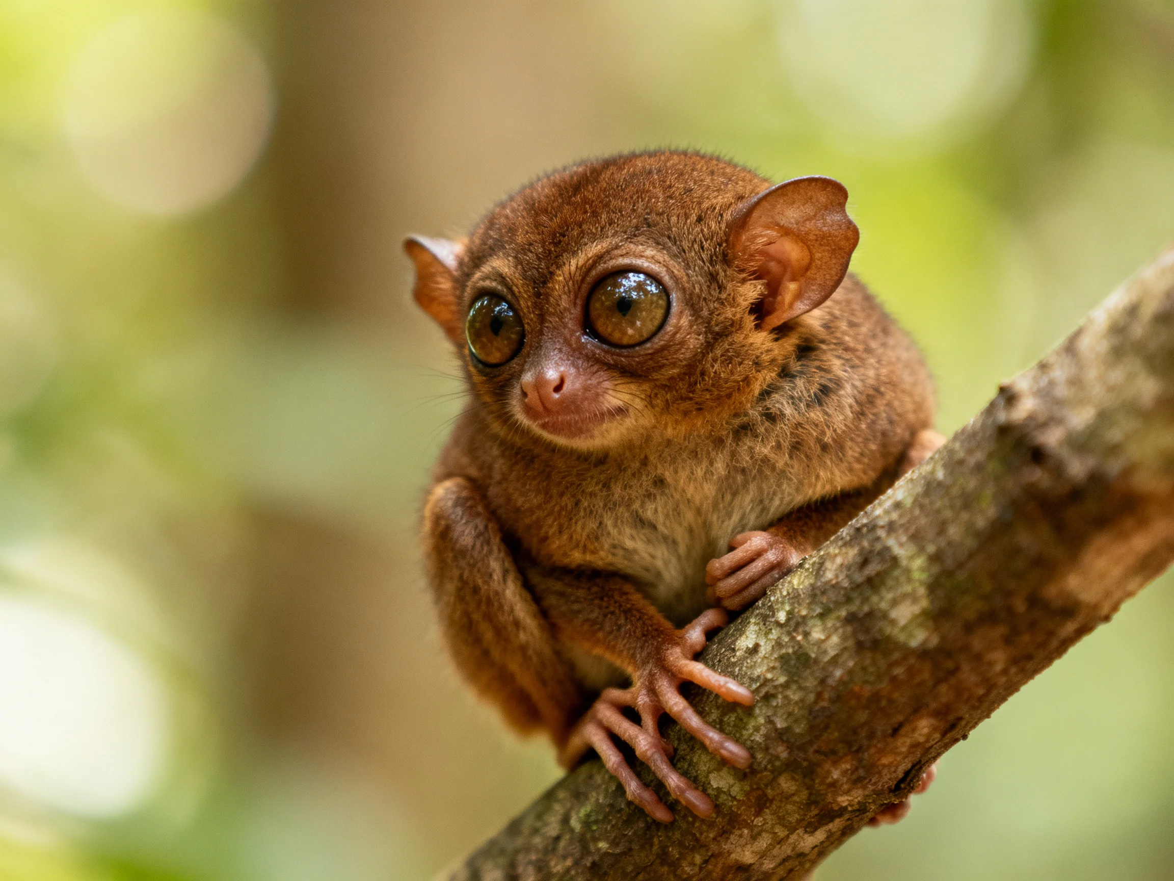 A small brown primate clings to a tree branch in lush green surroundings