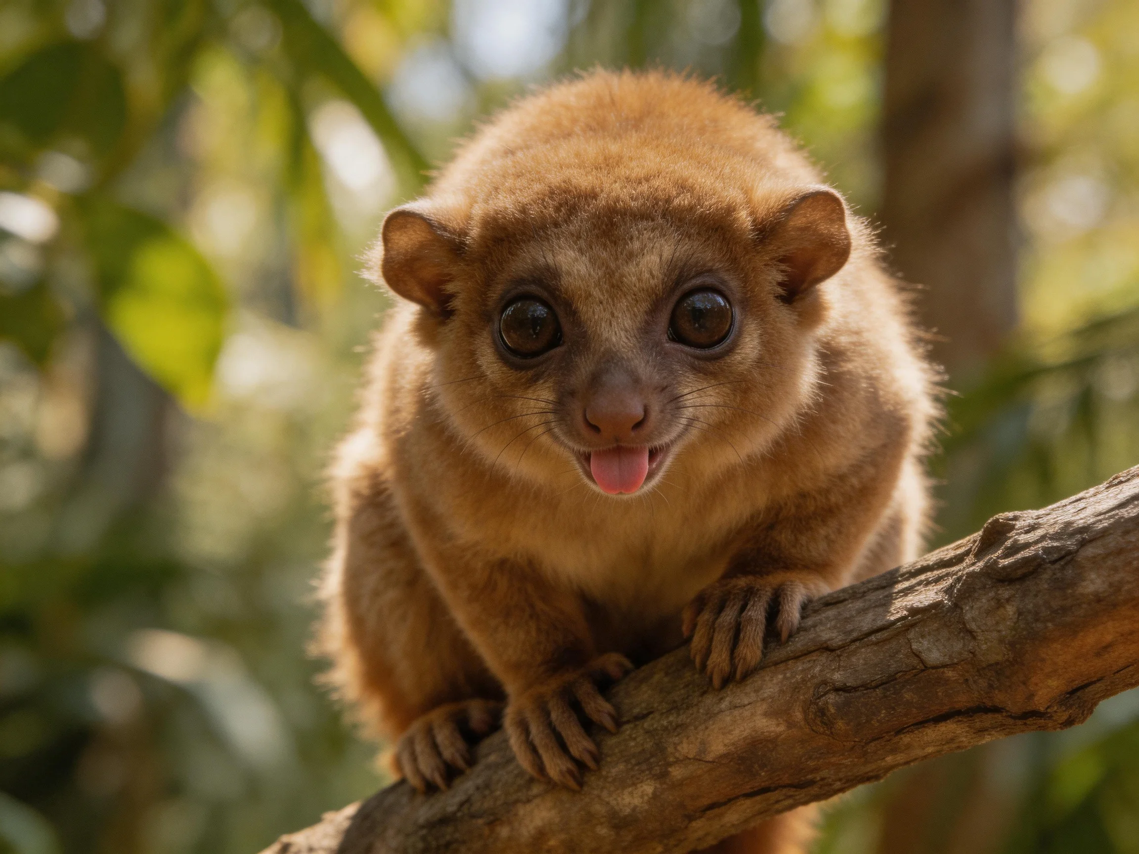 A small brown primate sits on a tree branch in a sunlit forest.