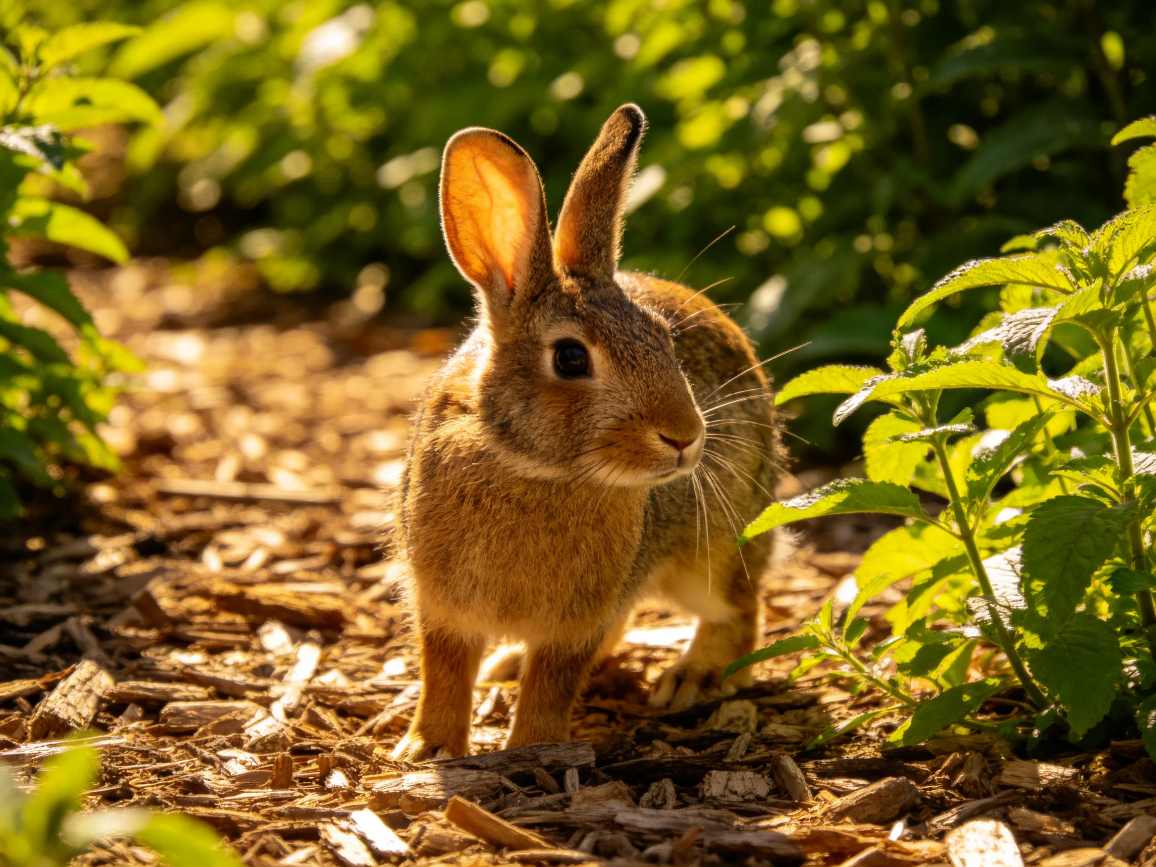 A small brown rabbit explores a sunlit mulched garden path