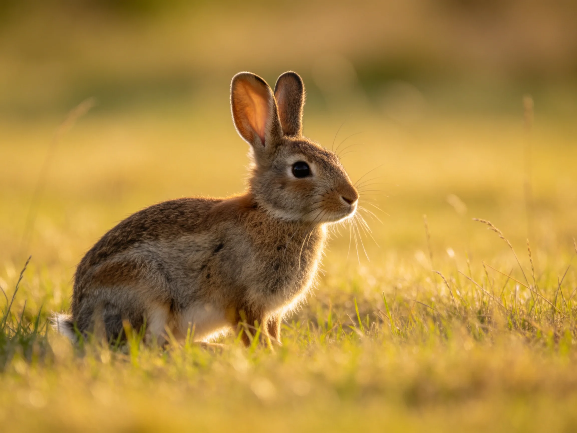 A small brown rabbit sits in sunlit golden grassy field