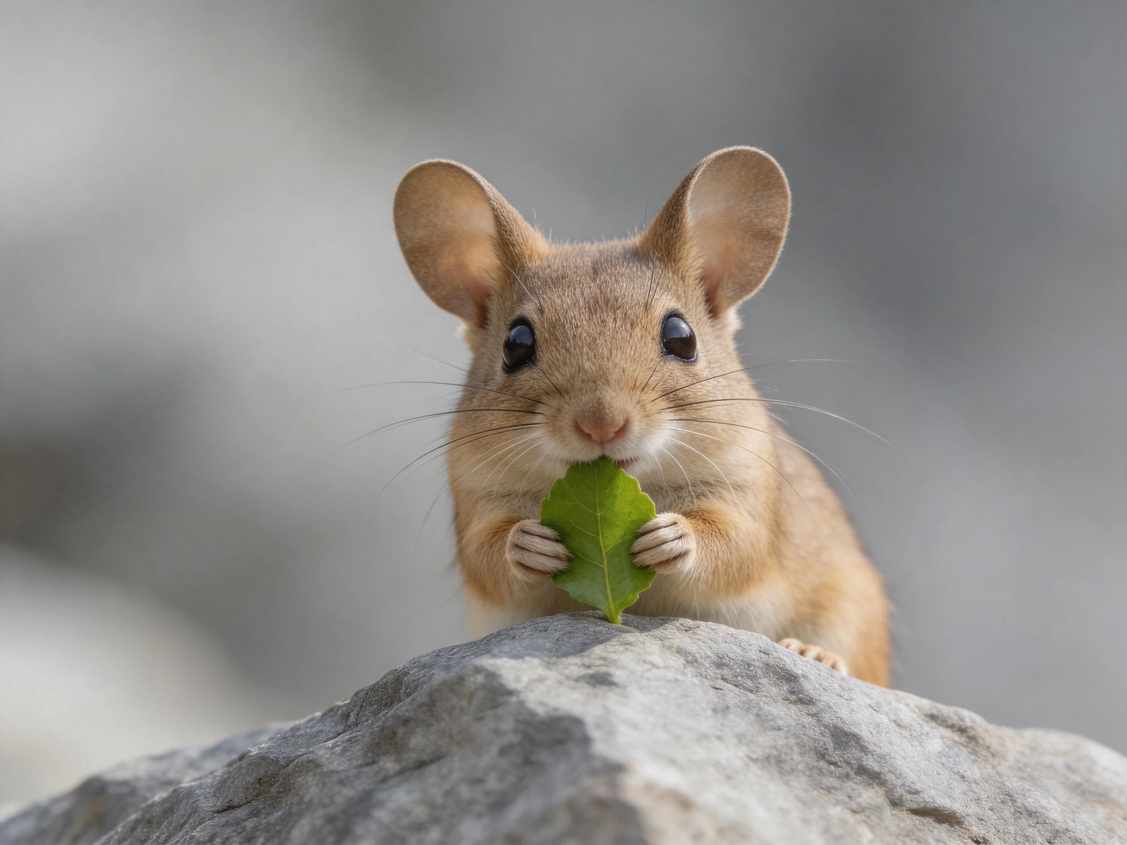 A small brown rodent holds a green leaf on a gray rock