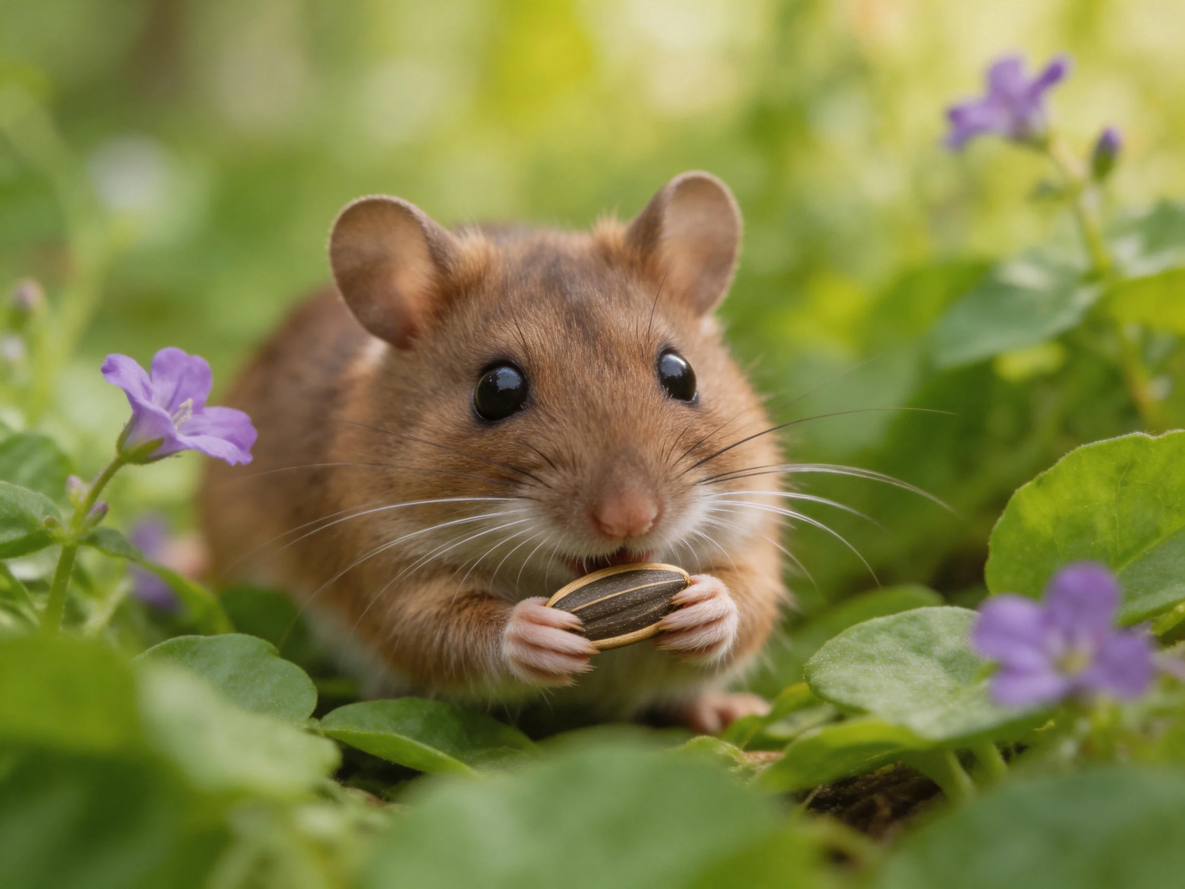 A small brown rodent eats seeds among vibrant green foliage and purple flowers.