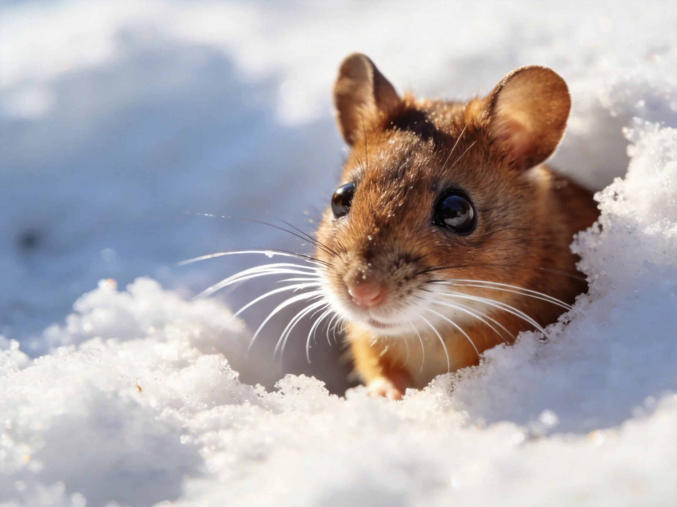 A small brown rodent peeks from fluffy white snowdrifts