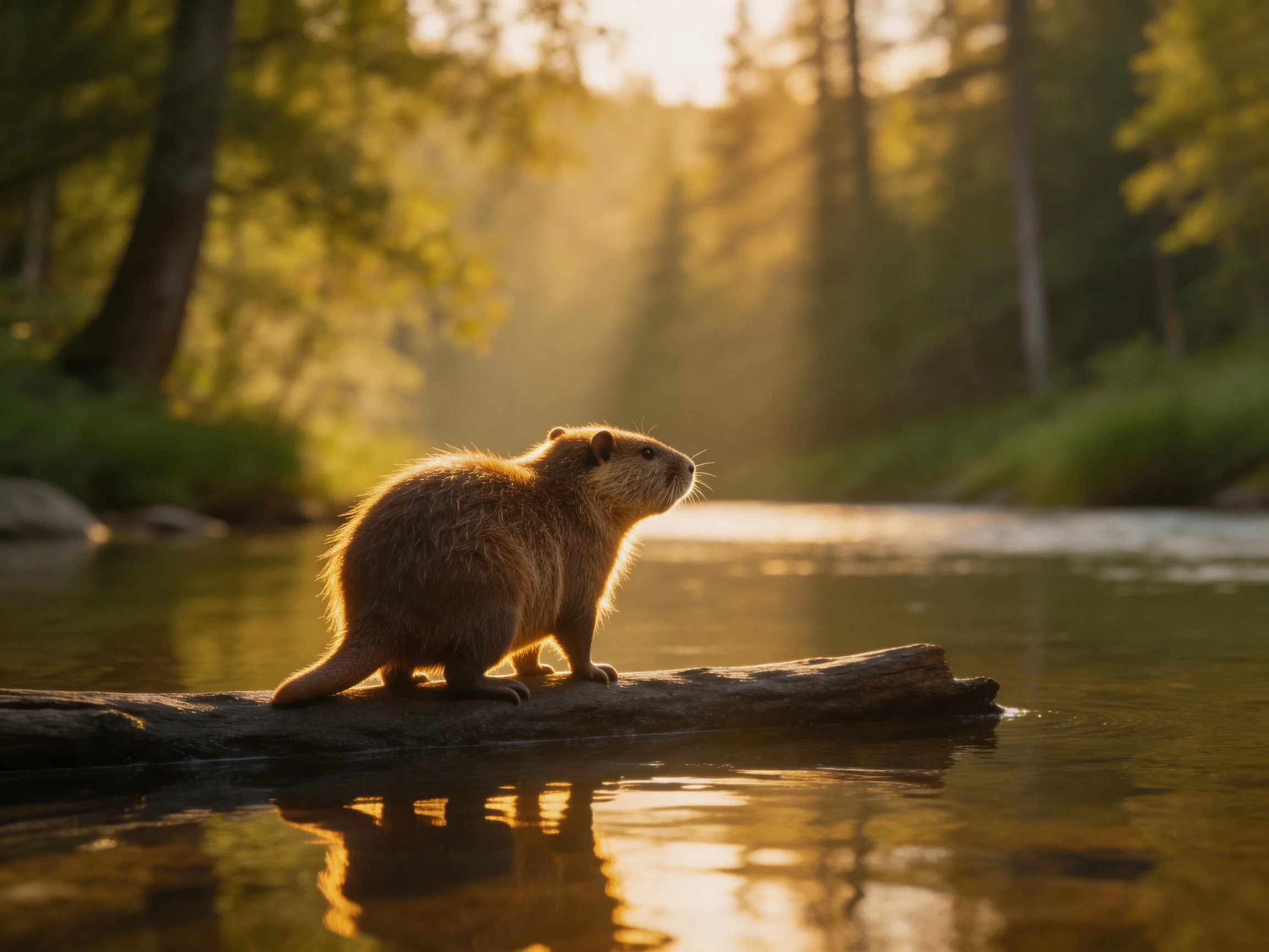 A small brown rodent perches on a log by a sunlit forest stream
