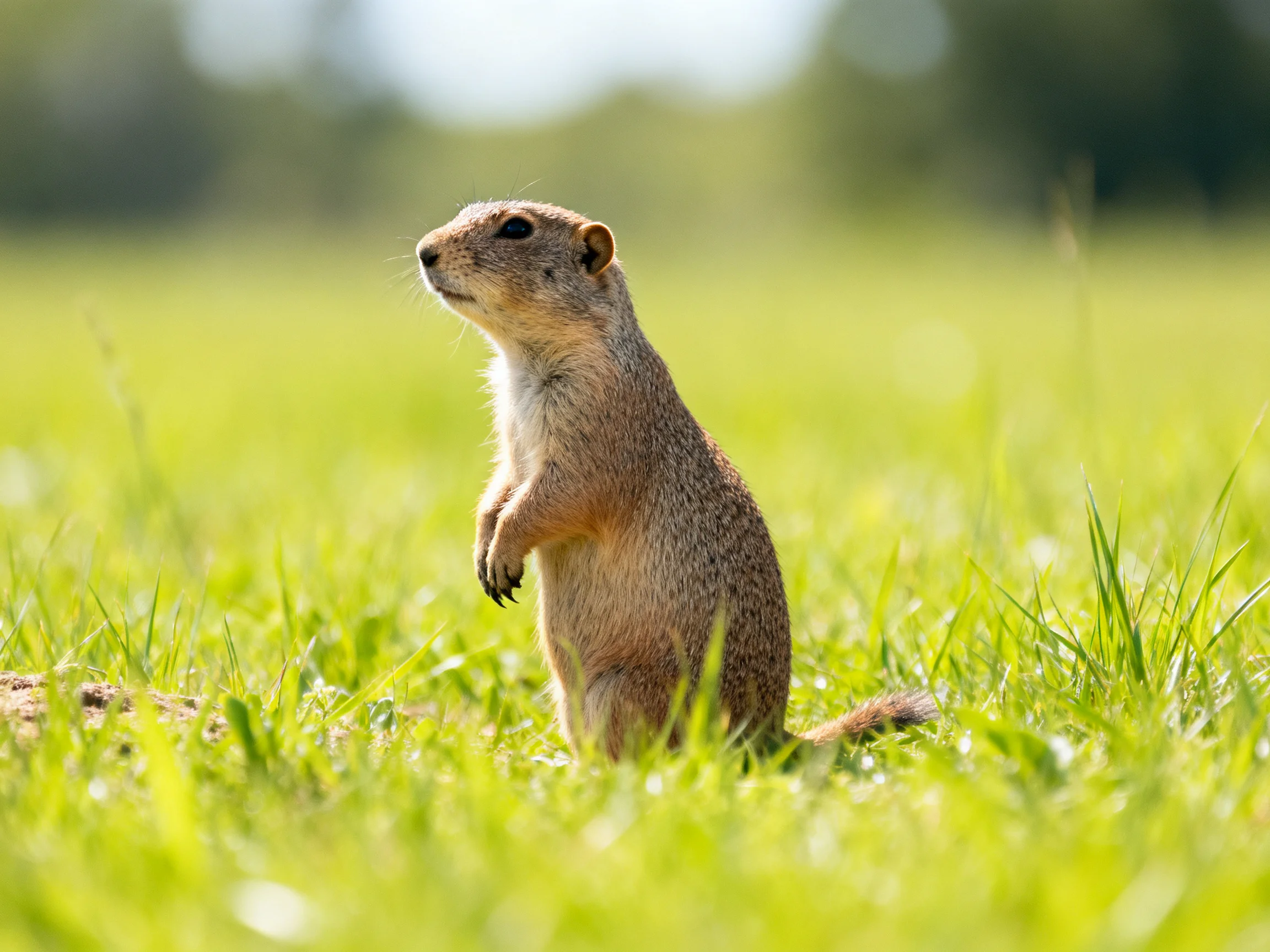 A small brown rodent stands alert in a sunlit grassy field