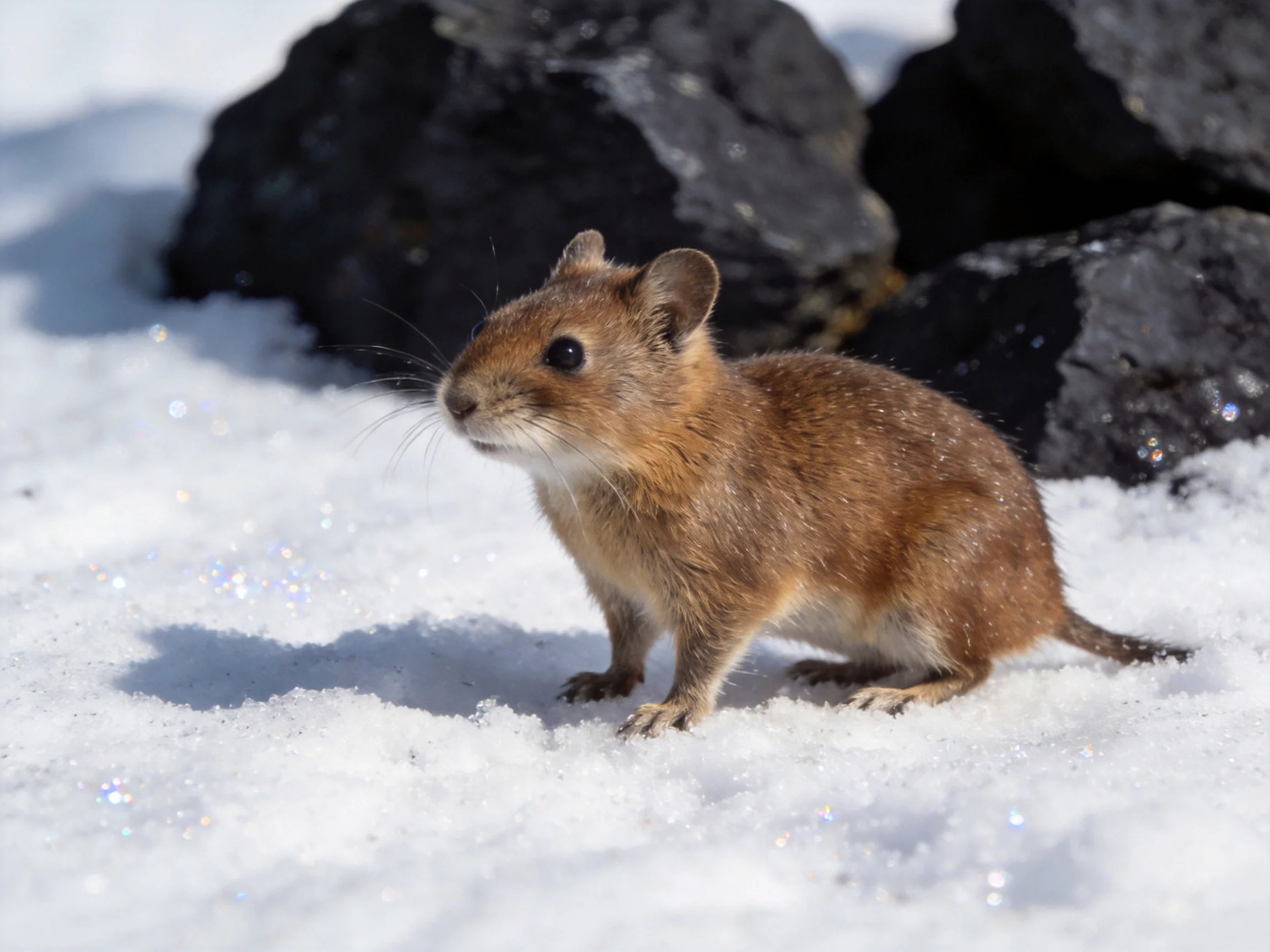 A small brown rodent stands on snowy ground near dark rocks