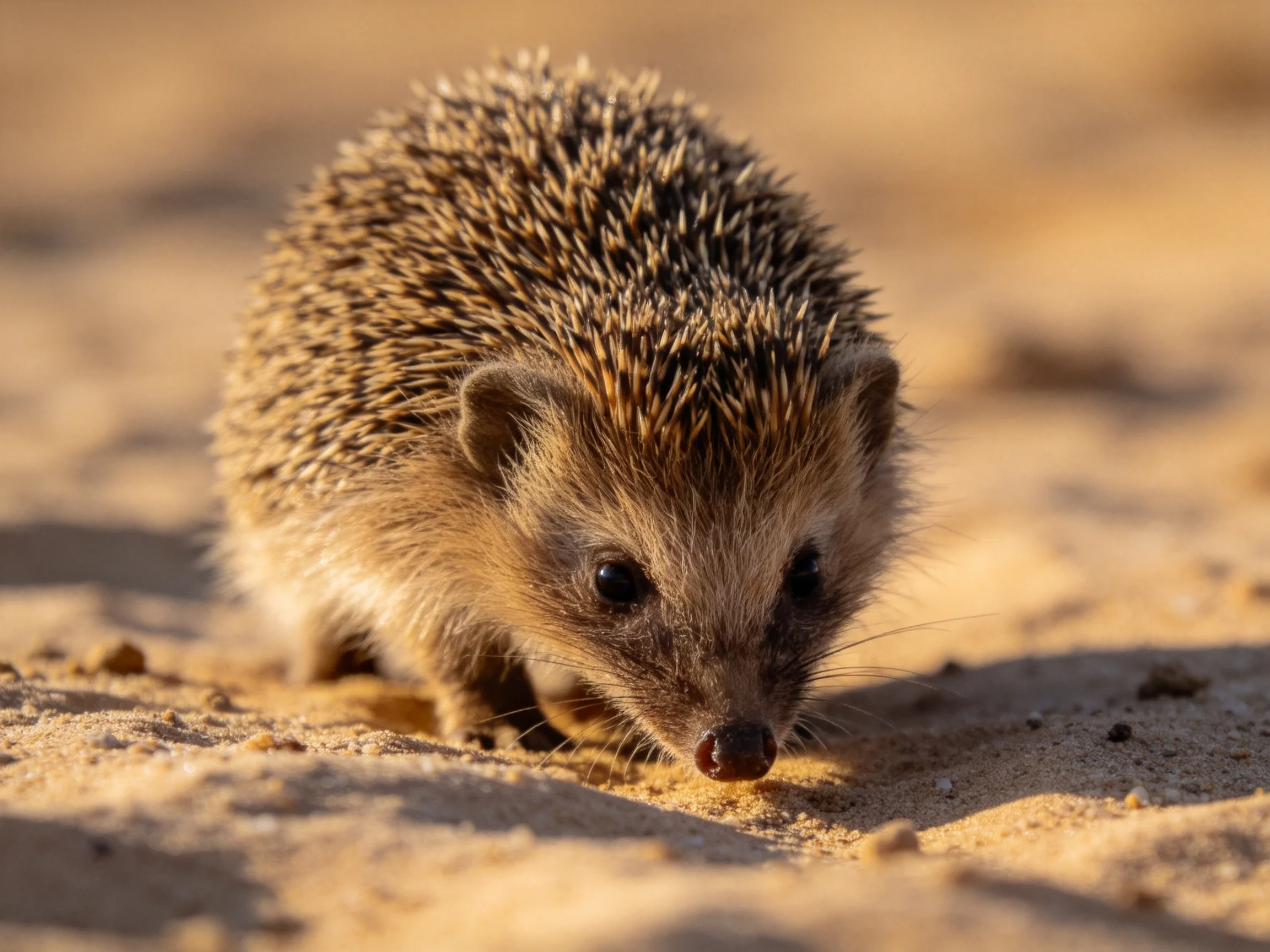 A small hedgehog with spiky brown fur explores sandy ground