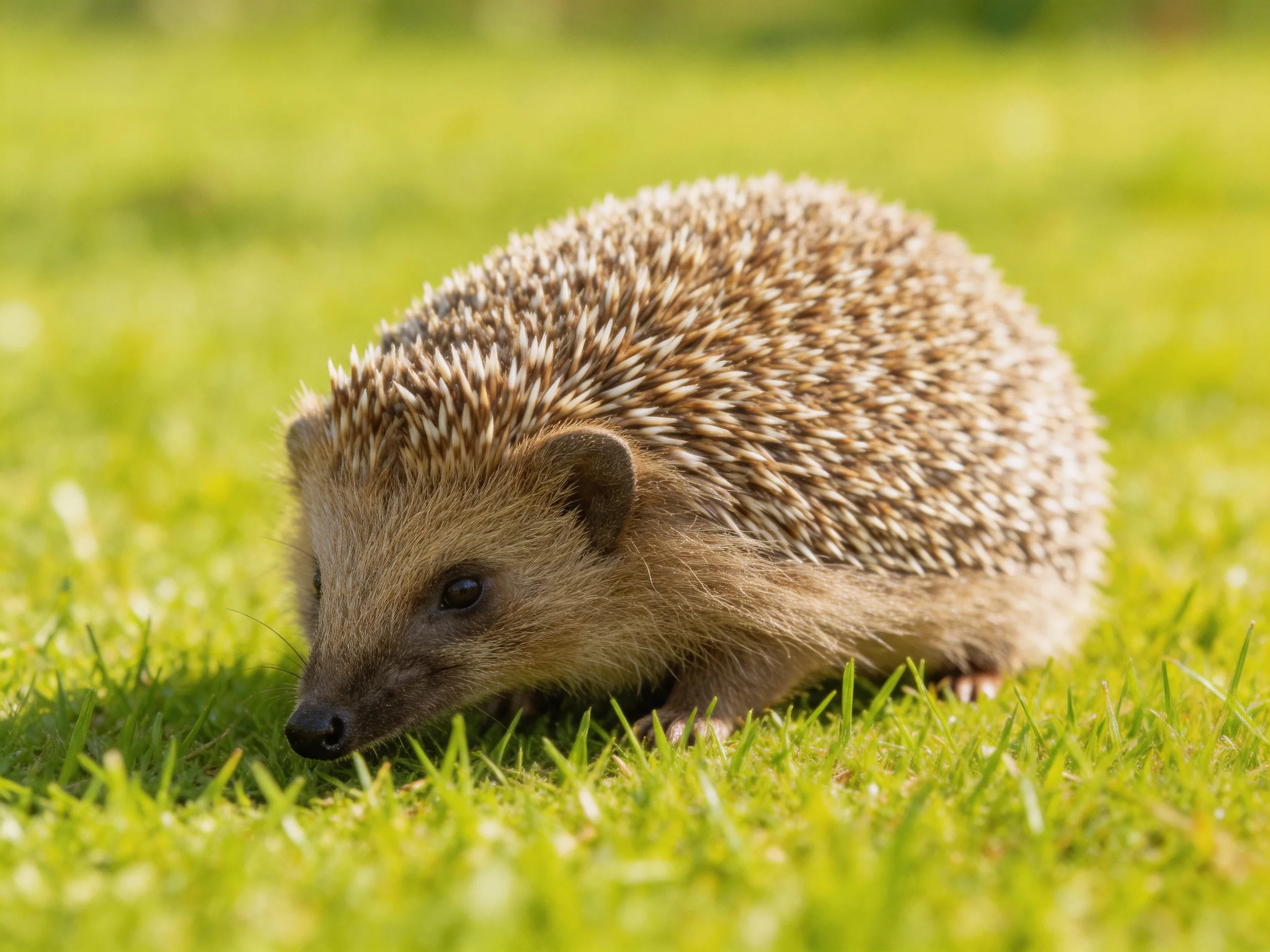 A small brown-spiked hedgehog explores vibrant green grass