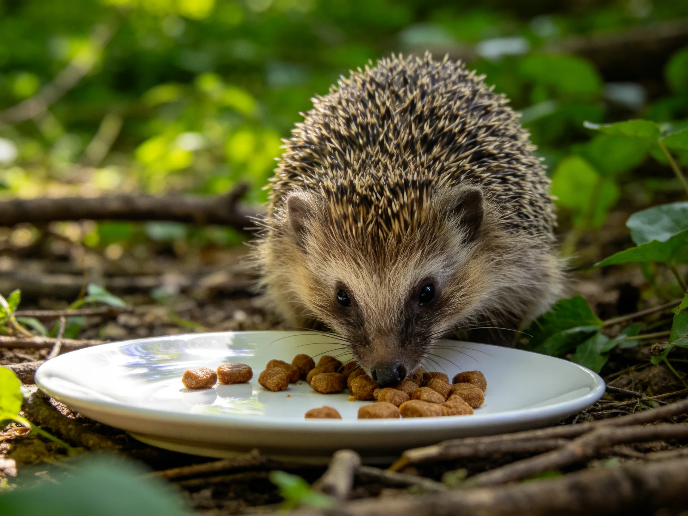 A small brown-spiked hedgehog feeds on kibble from a white dish amid greenery