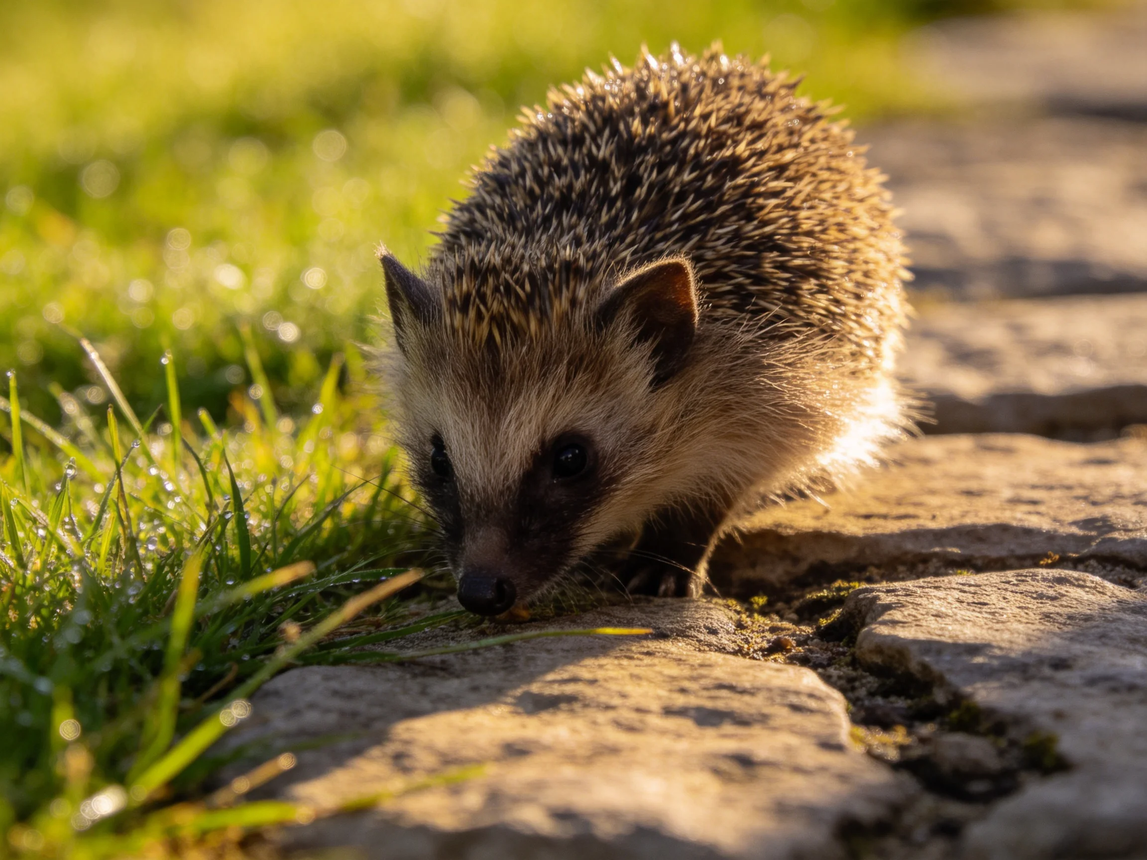 A small brown-spined hedgehog explores a stone path near green grass