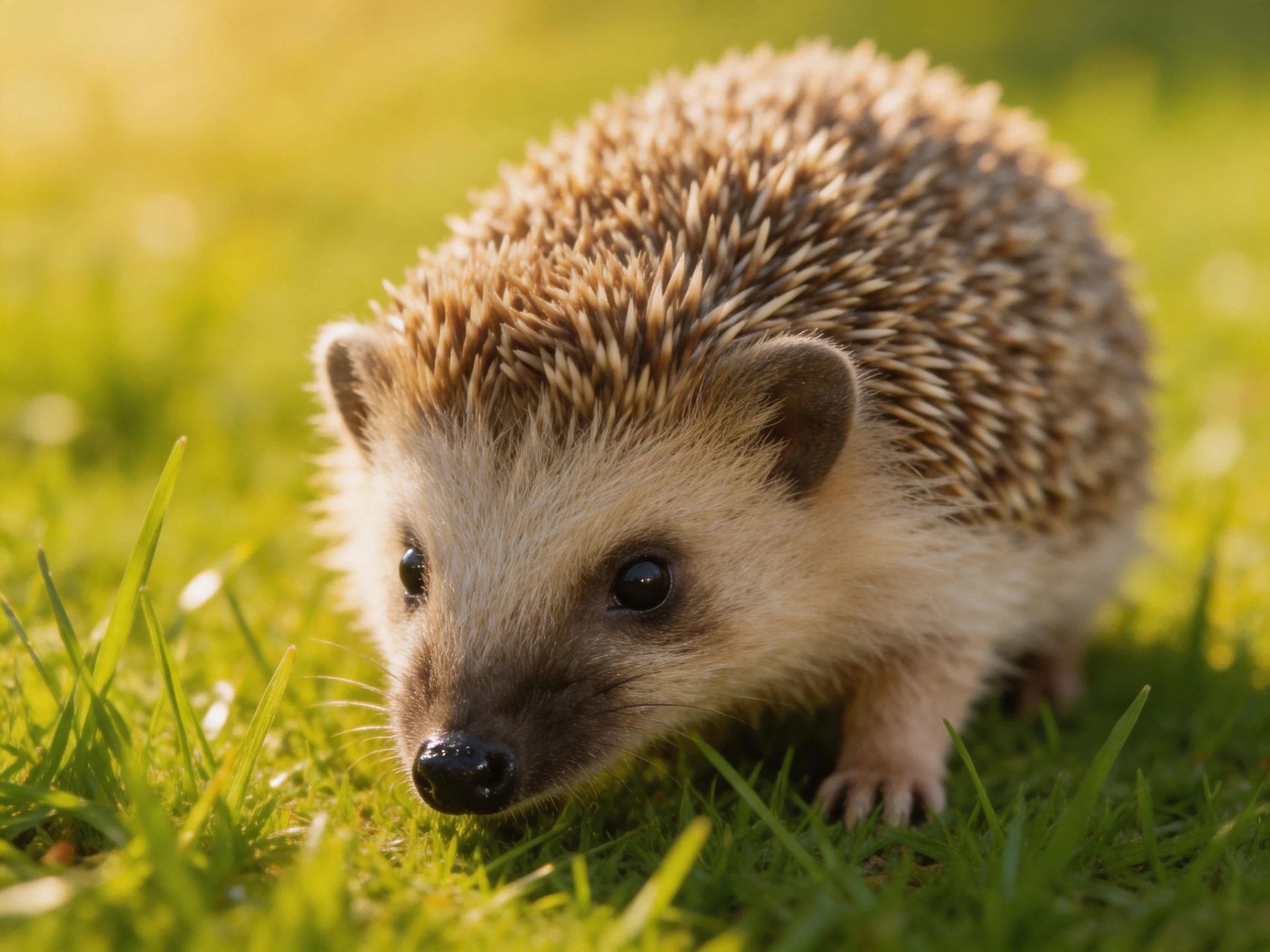 A small brown-spined hedgehog explores vibrant green grass
