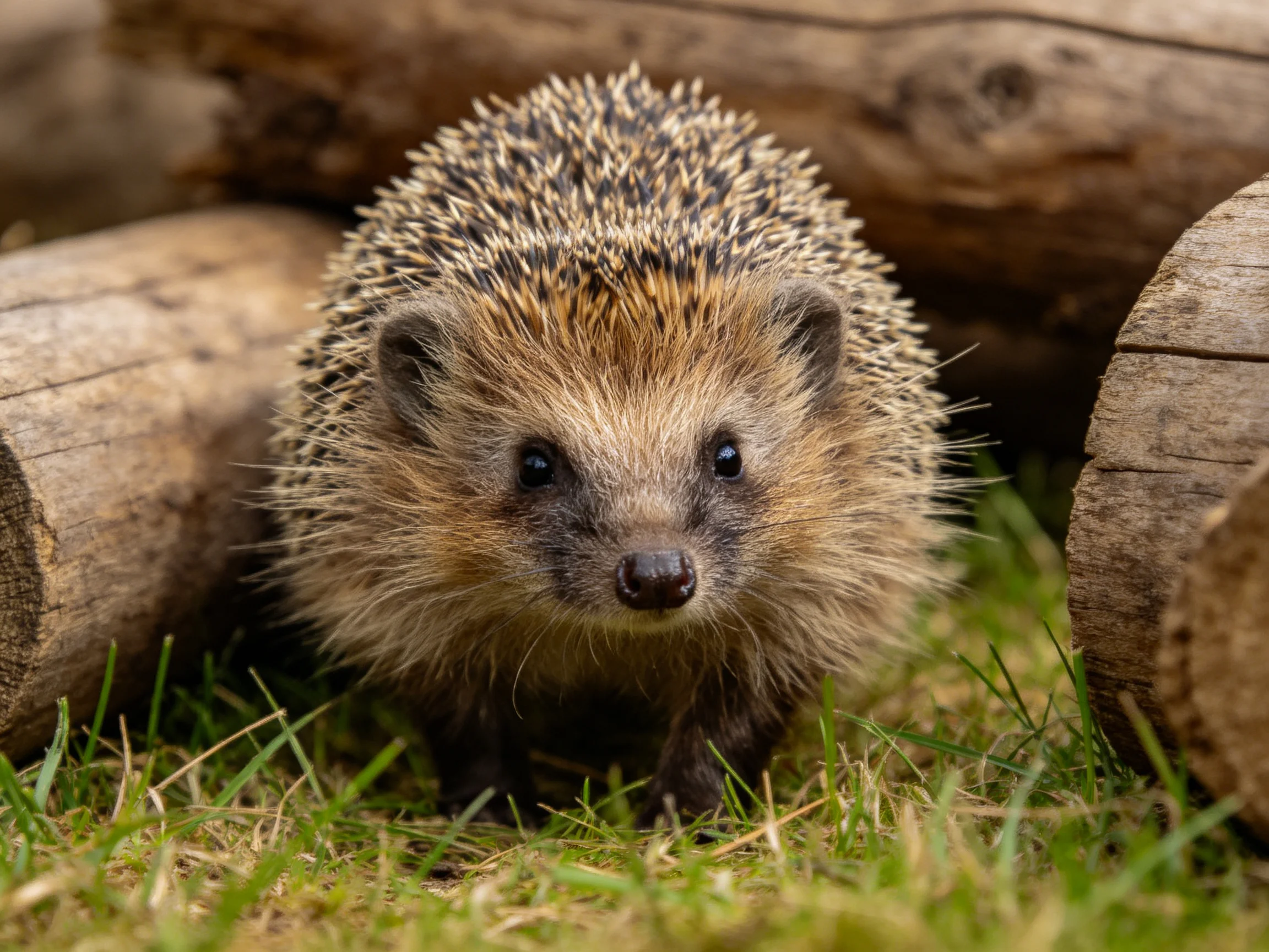 A small brown-spined hedgehog near weathered wooden logs on green grass