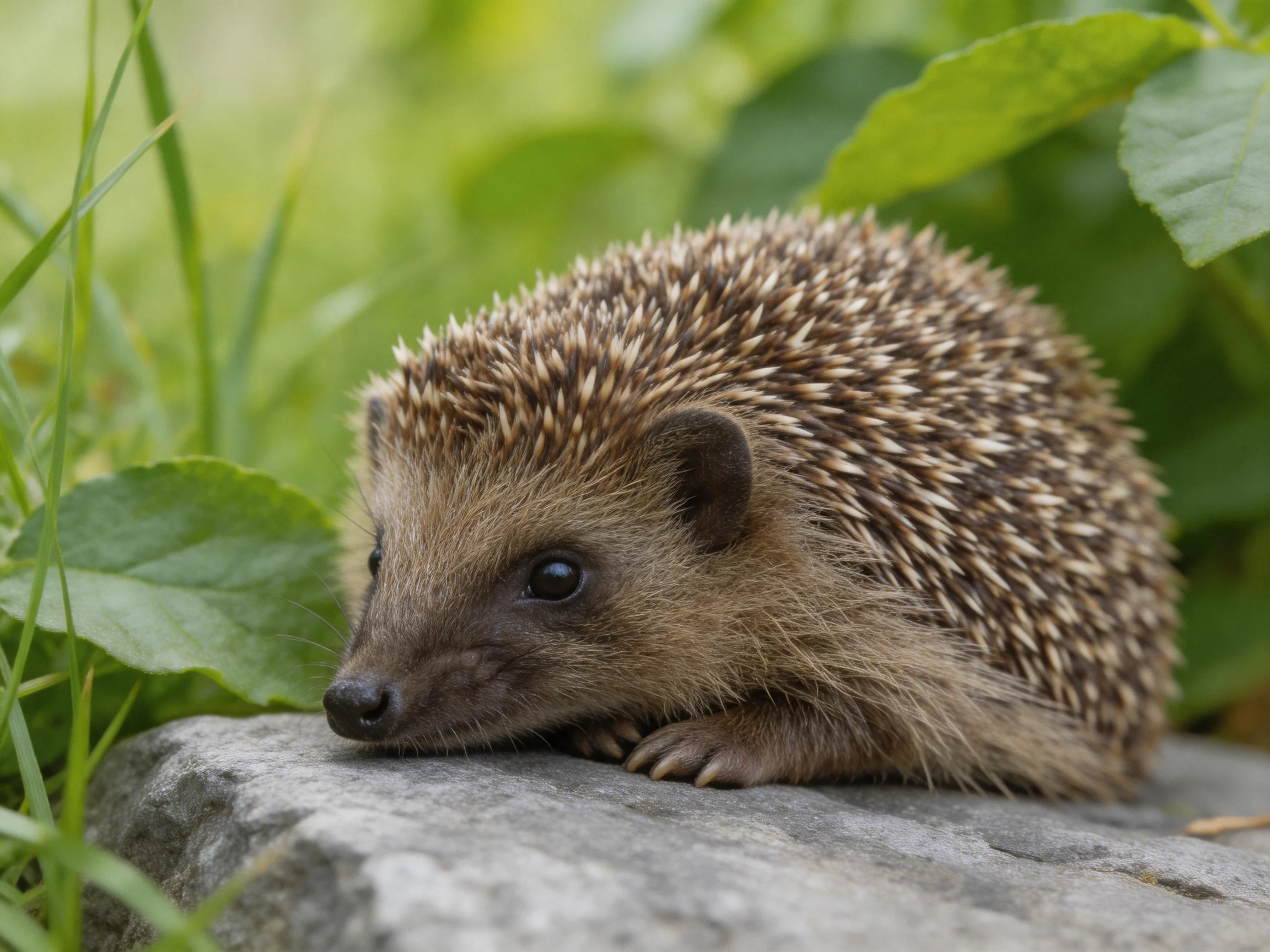 A small brown-spined hedgehog rests on a gray stone near lush greenery