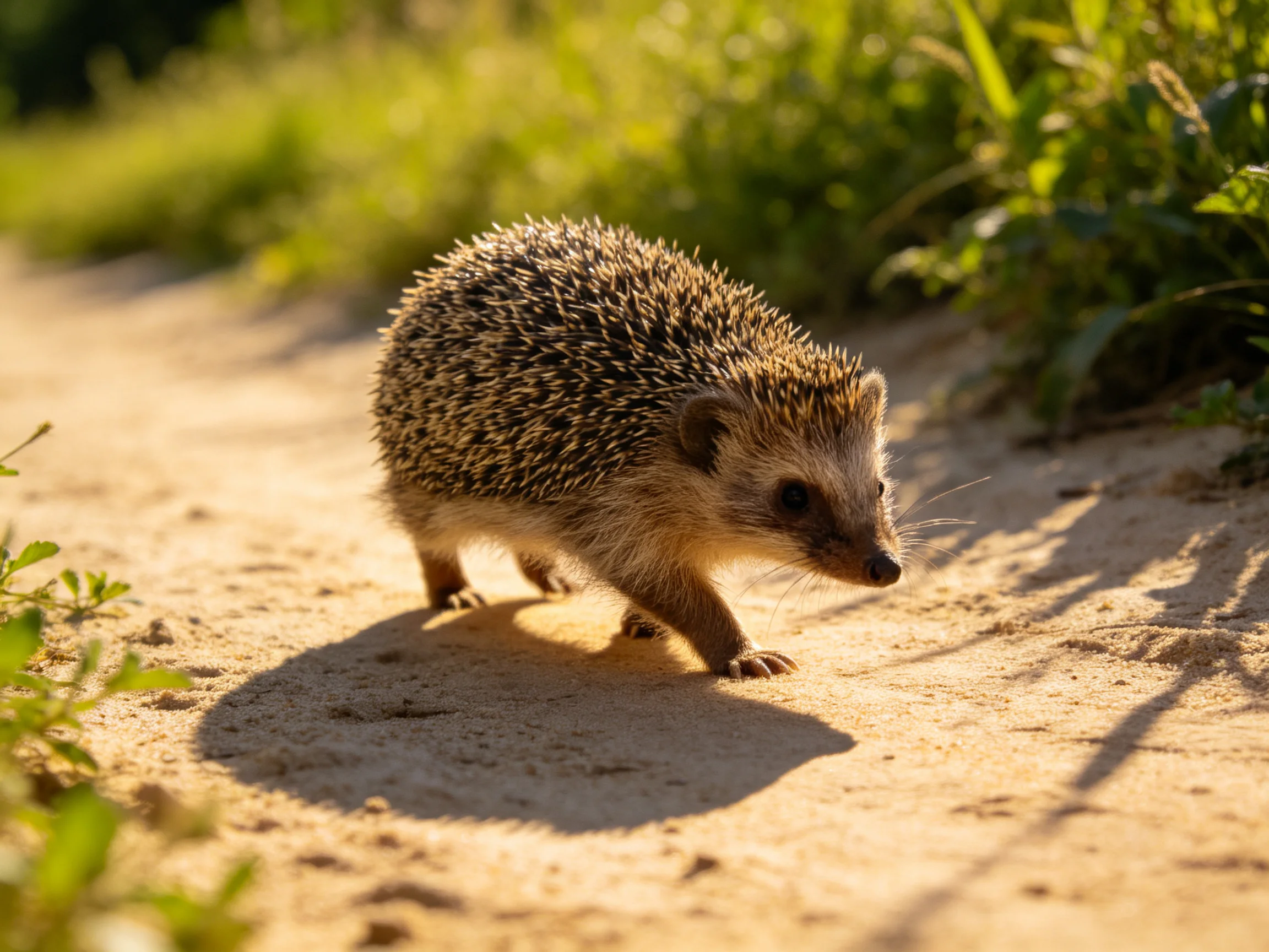 A small brown-spined hedgehog walks along a sunlit sandy path near greenery