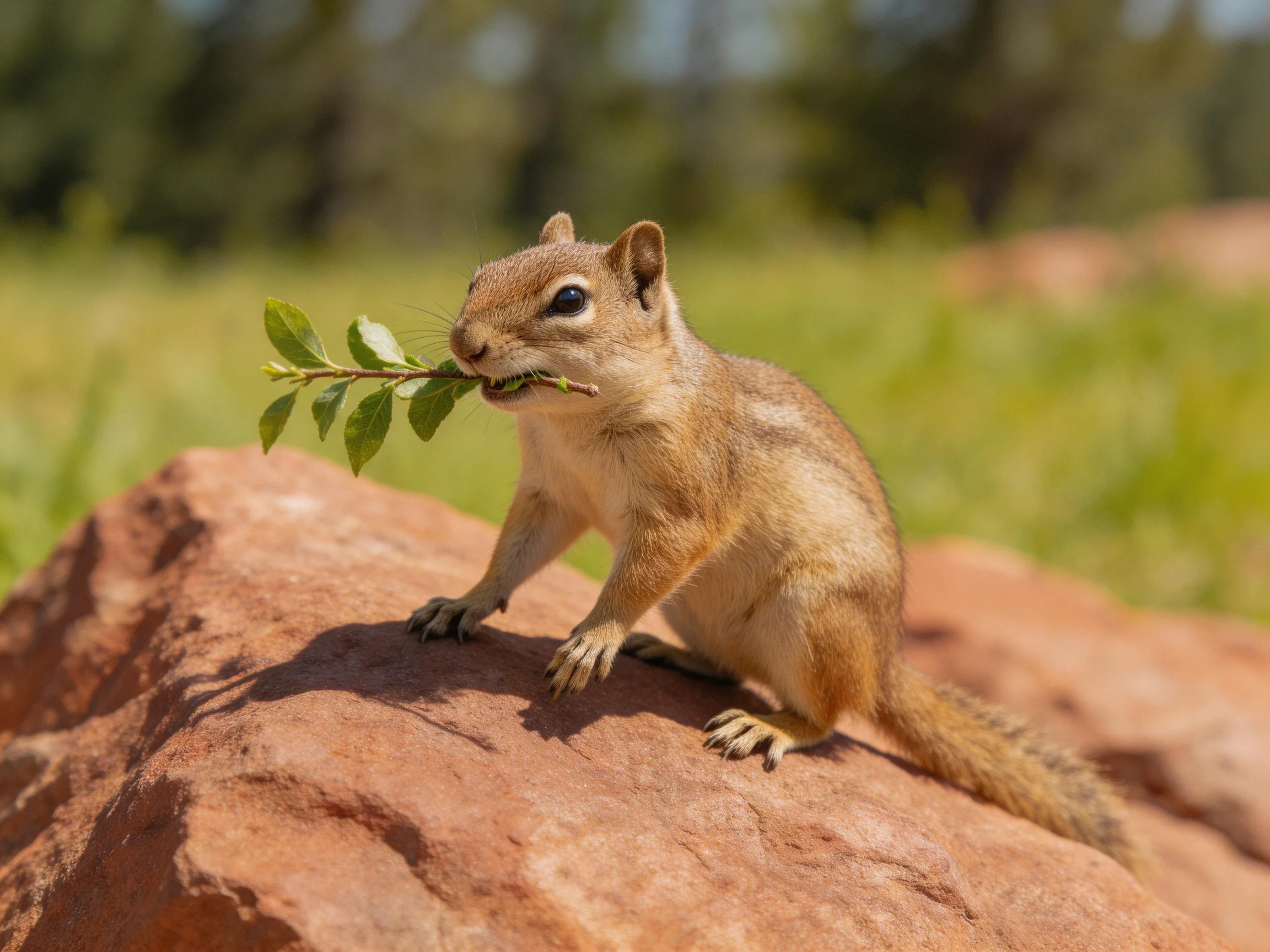 A small brown squirrel holds a leafy branch on a reddish rock