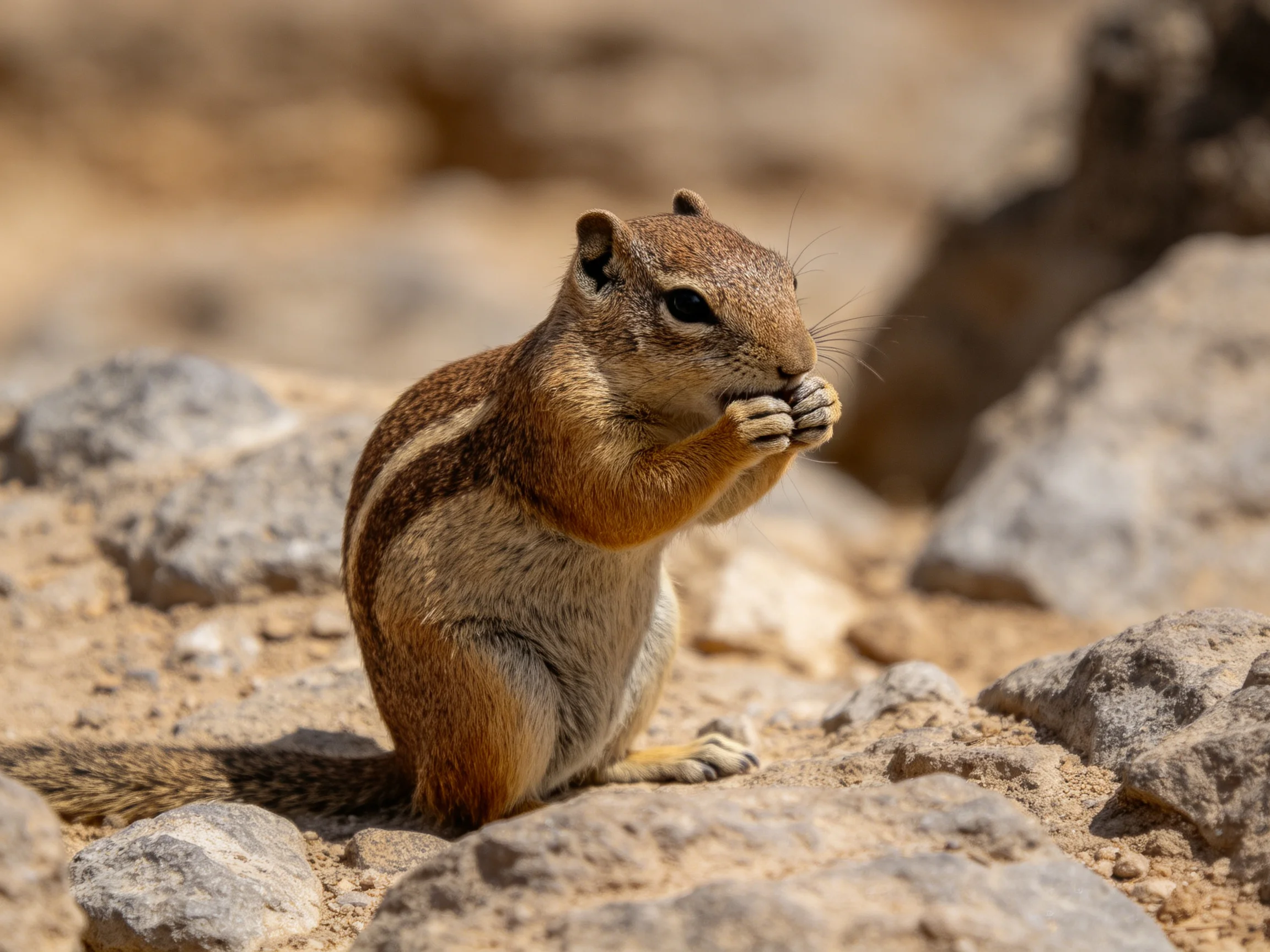 A small brown squirrel nibbling near gray rocks on sandy ground