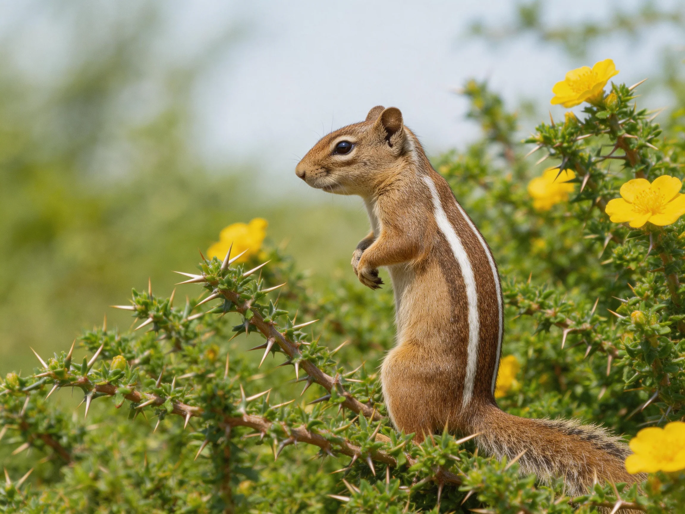 A small brown squirrel perched among thorny bushes with vibrant yellow blooms