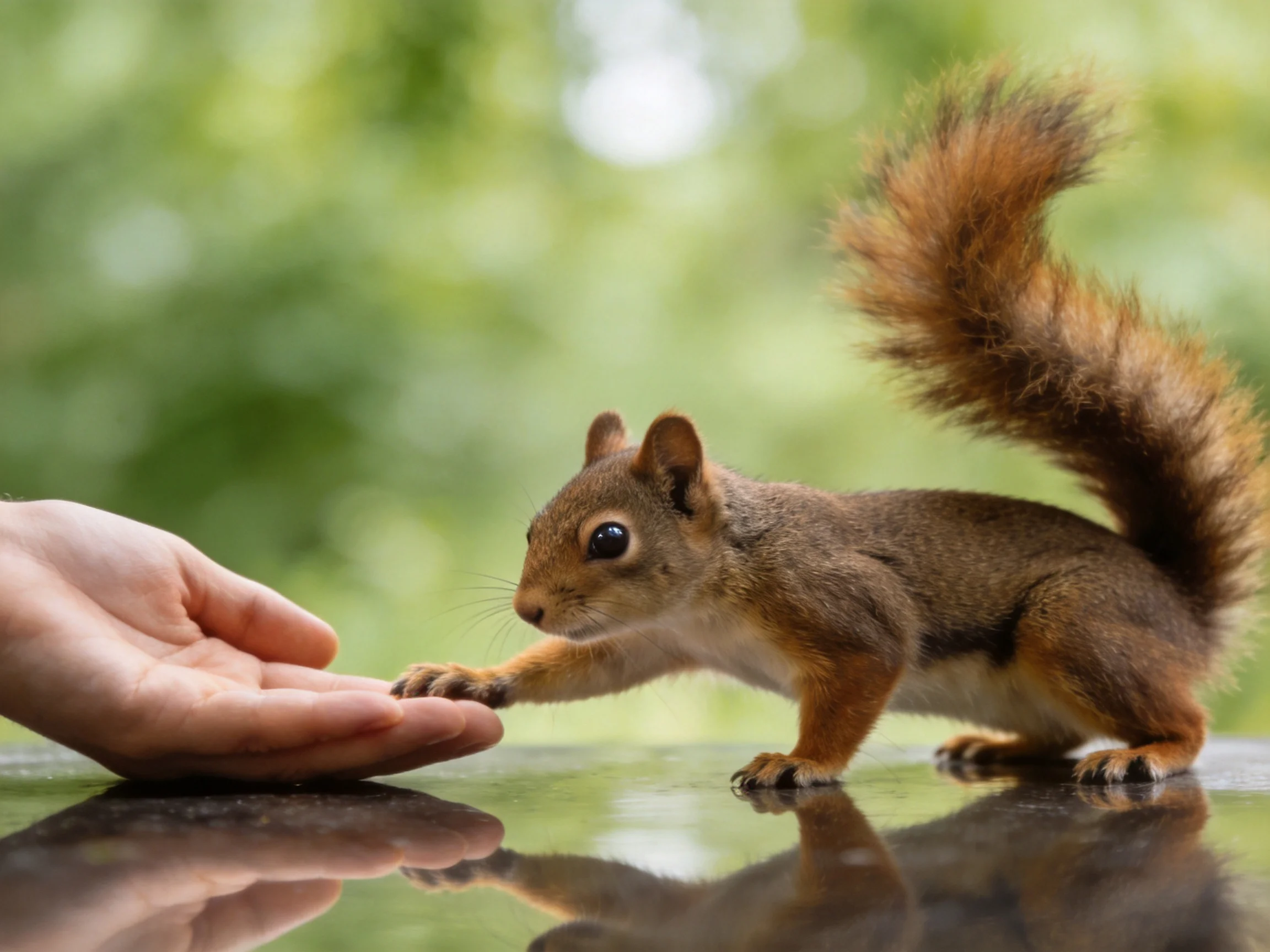 A small brown squirrel reaches toward a human hand