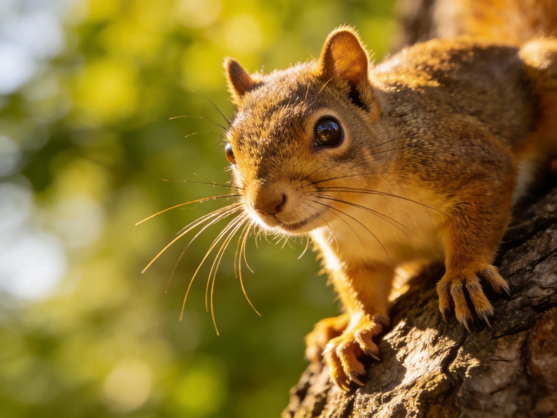 A small brown squirrel rests on a textured tree trunk in golden light