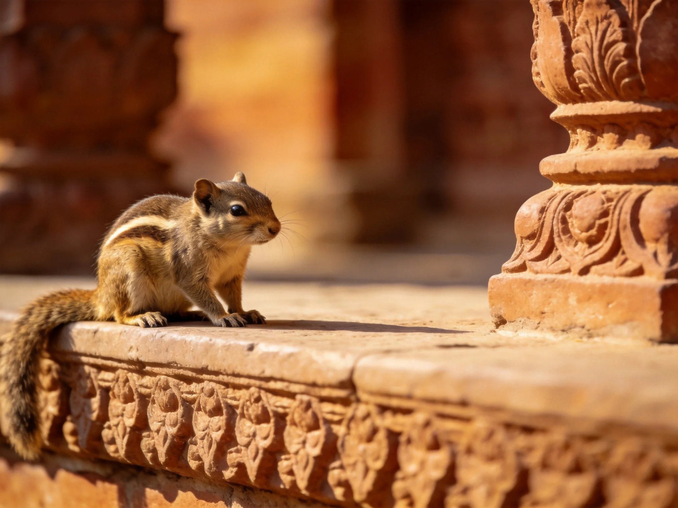 A small brown squirrel sits on an ornate reddish-brown stone ledge