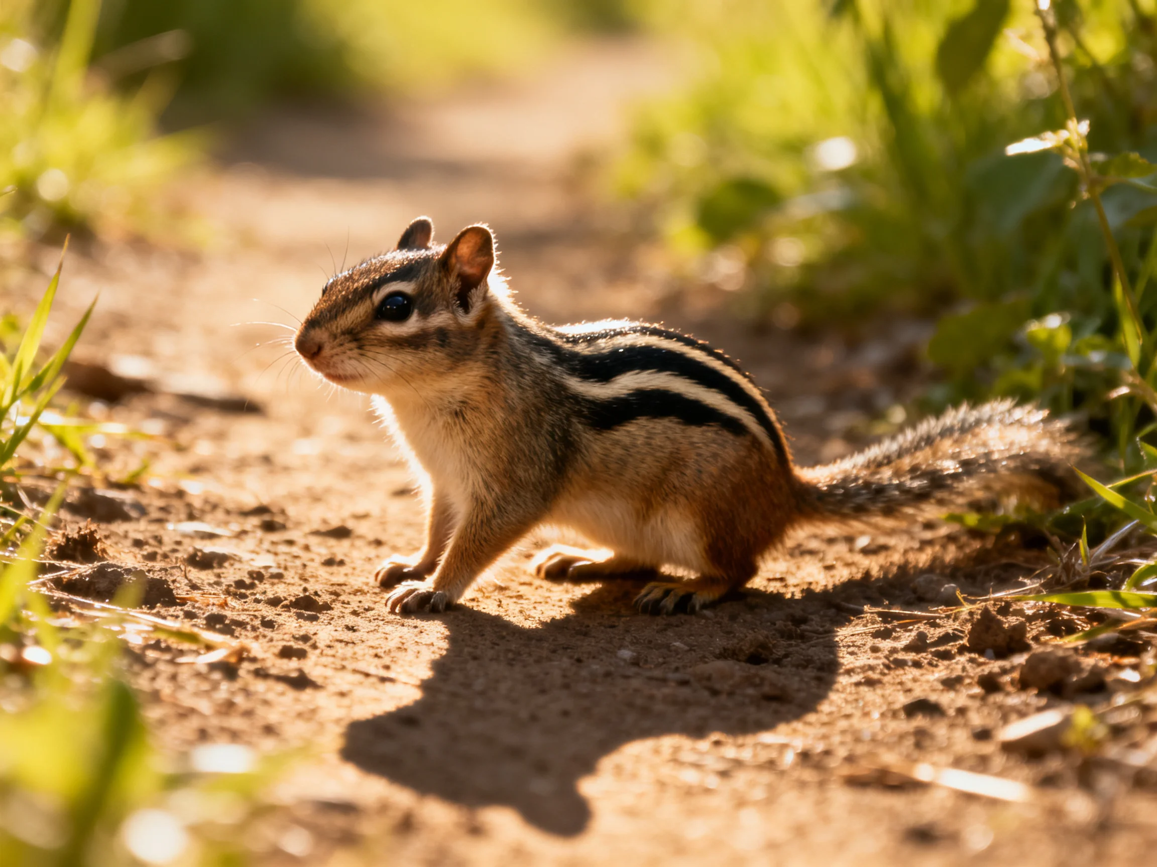 A small striped chipmunk stands alert on a sunlit dirt path.